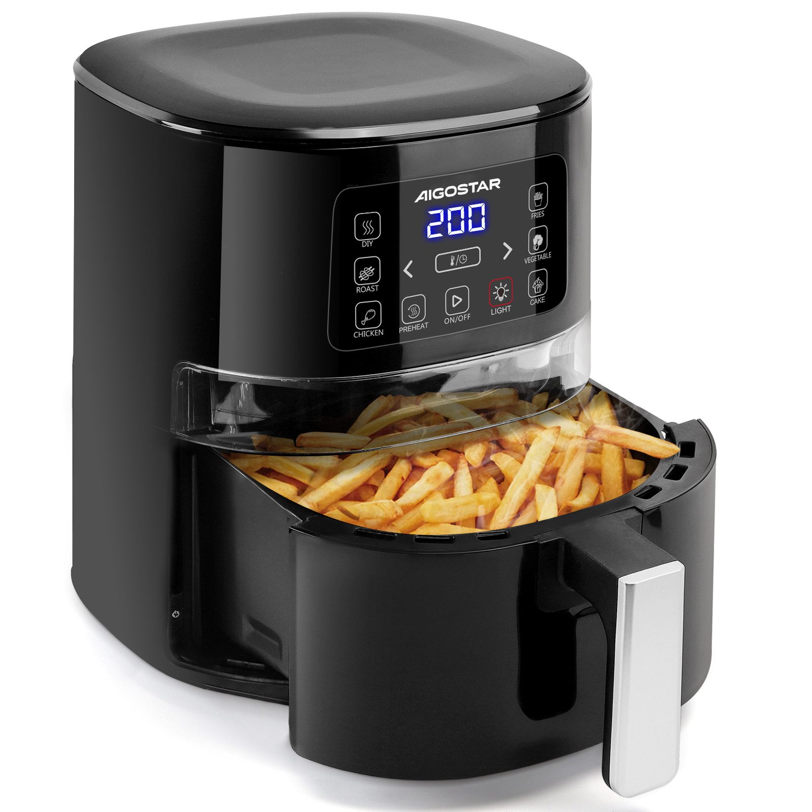 Aigostar Heißluftfritteuse 4 L mit Sichtfenster, 7 voreingestellte Menüs, LED-Touchscreen, Energie Sparen, 1600,00 W, Vorheizfunktion, Antihaftbeschichtung, Leicht zu reinigen