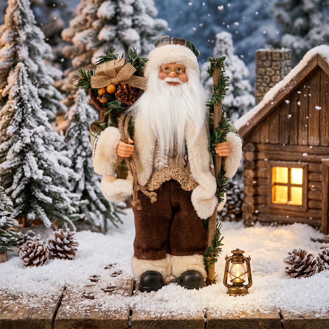 Koopmann Weihnachtsmann Weihnachtsmann Deko Figur 30cm Stehend Nikolaus in Grün-Braun-Weiß, Weihnachtsmannfigur mit Mütze, Wintermantel und Zubehör