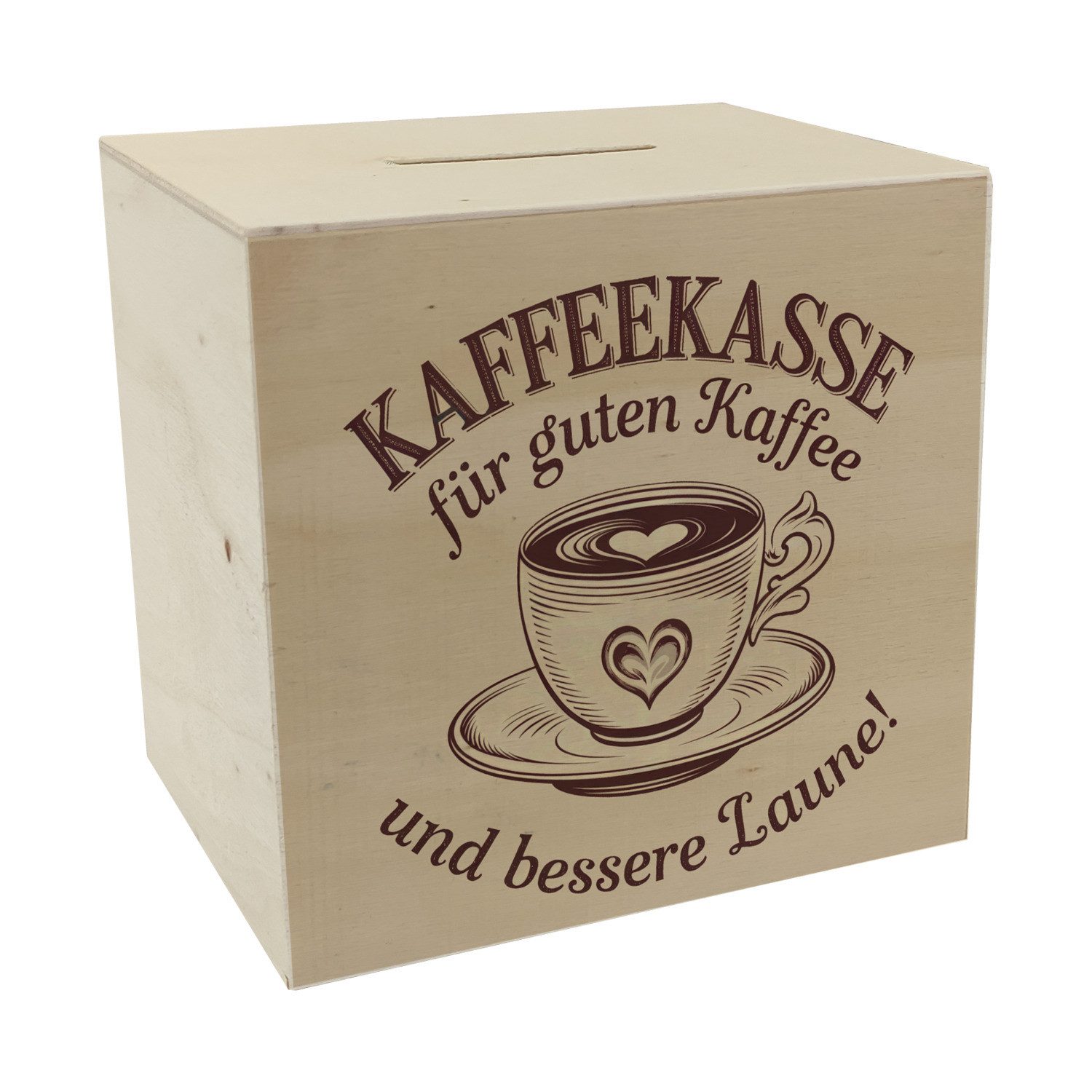 Spardose Kaffeekasse Spardose aus Holz mit Kaffeebecher für gute Laune