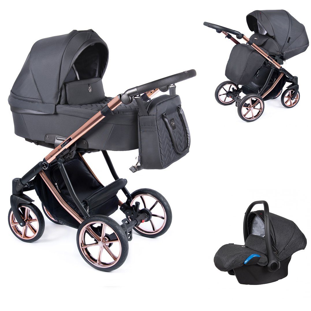 babies-on-wheels Kombi-Kinderwagen 3 in 1 Kinderwagen-Set Dante - 13 Teile - in 16 Farben Grau = Gestell kupfer