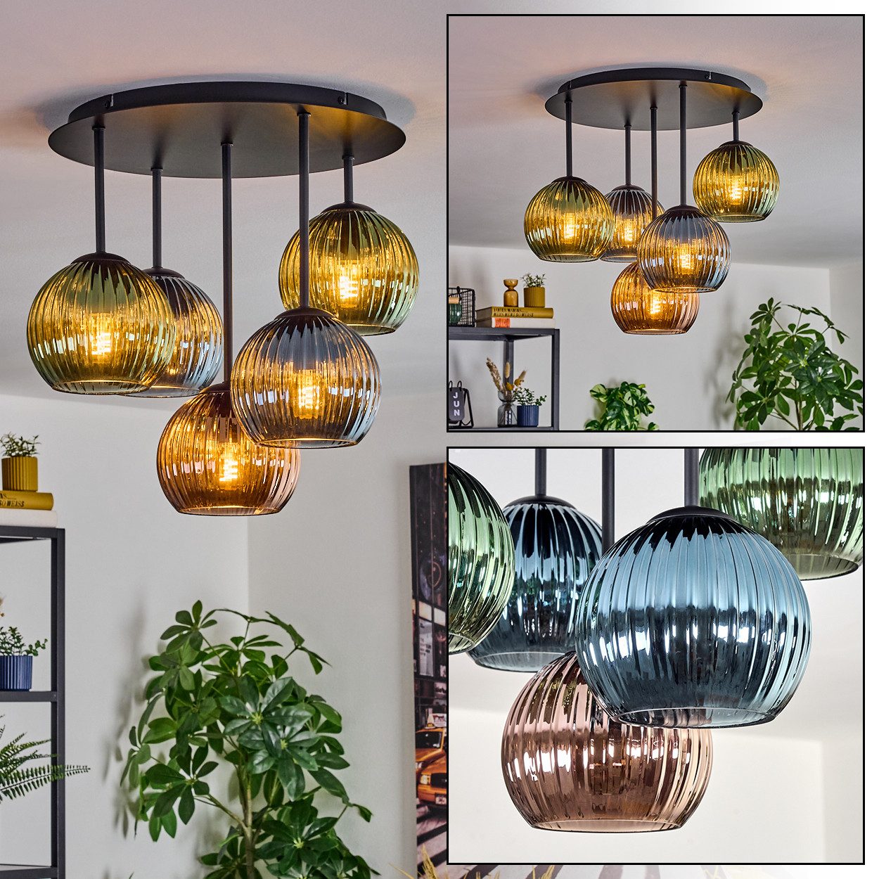 hofstein Deckenleuchte Deckenlampe aus Metall/Riffelglas in Schwarz/Grün/Blau/Kupferfarben, Deckenleuchte im Retro/Vintage-Design (Schirme Ø 15 cm), 5 x E14