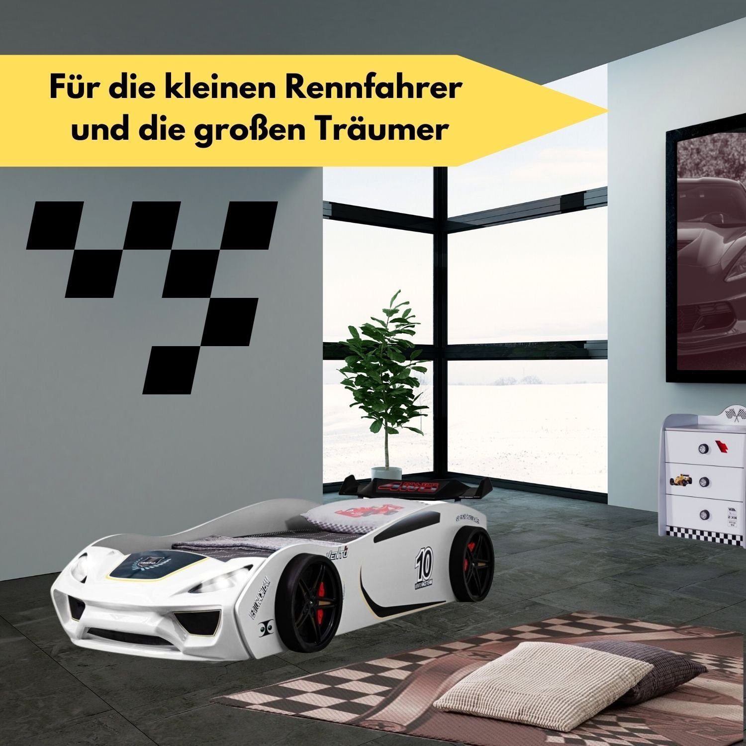 Lattenrost RACER | 90x200 Weiß Spoiler), mit (Kinderbett Weiß Autobett mit DREAM Coemo Renn-Design