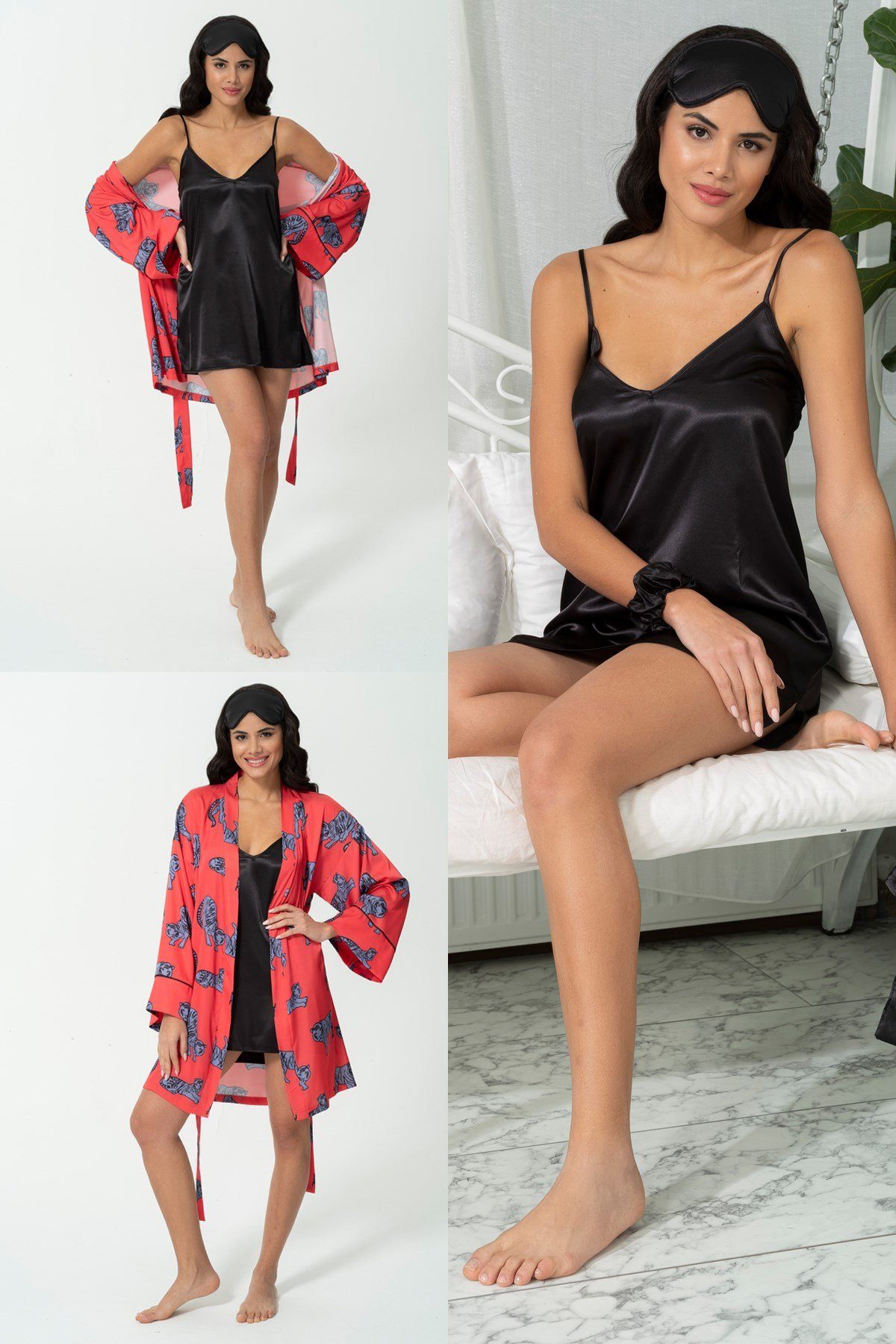 For You Moda Nachthemd 5-teiliges rotes Satin-Nachthemd-Set