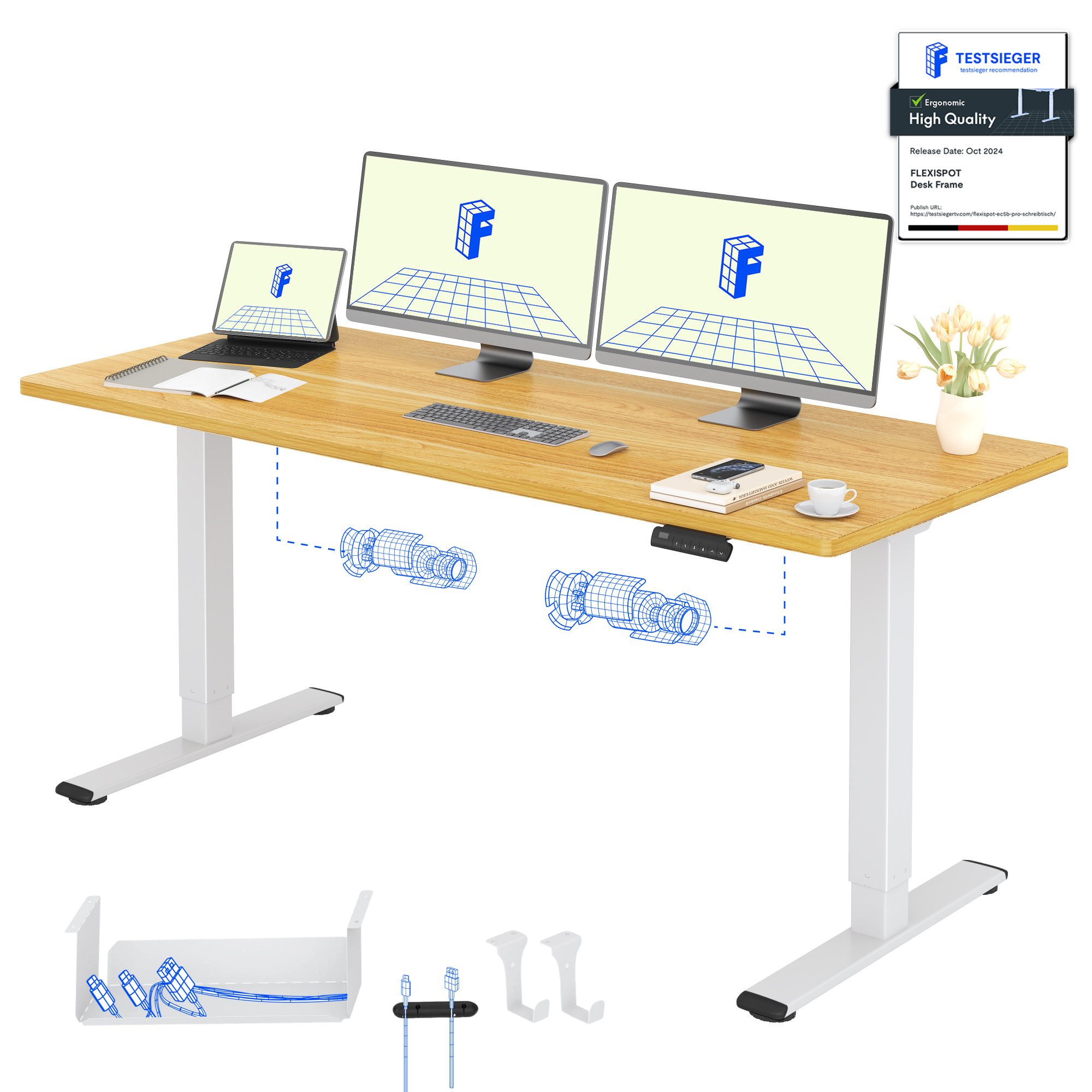 FLEXISPOT Schreibtisch Basic Plus höhenverstellbarer Schreibtisch mit Premium-Zubehör-Set (2 Motore & 2-Fach-Teleskop & 4 Höhenspeichertasten), MIT 25MM einteiliger Tischplatte, 120/140/160/180