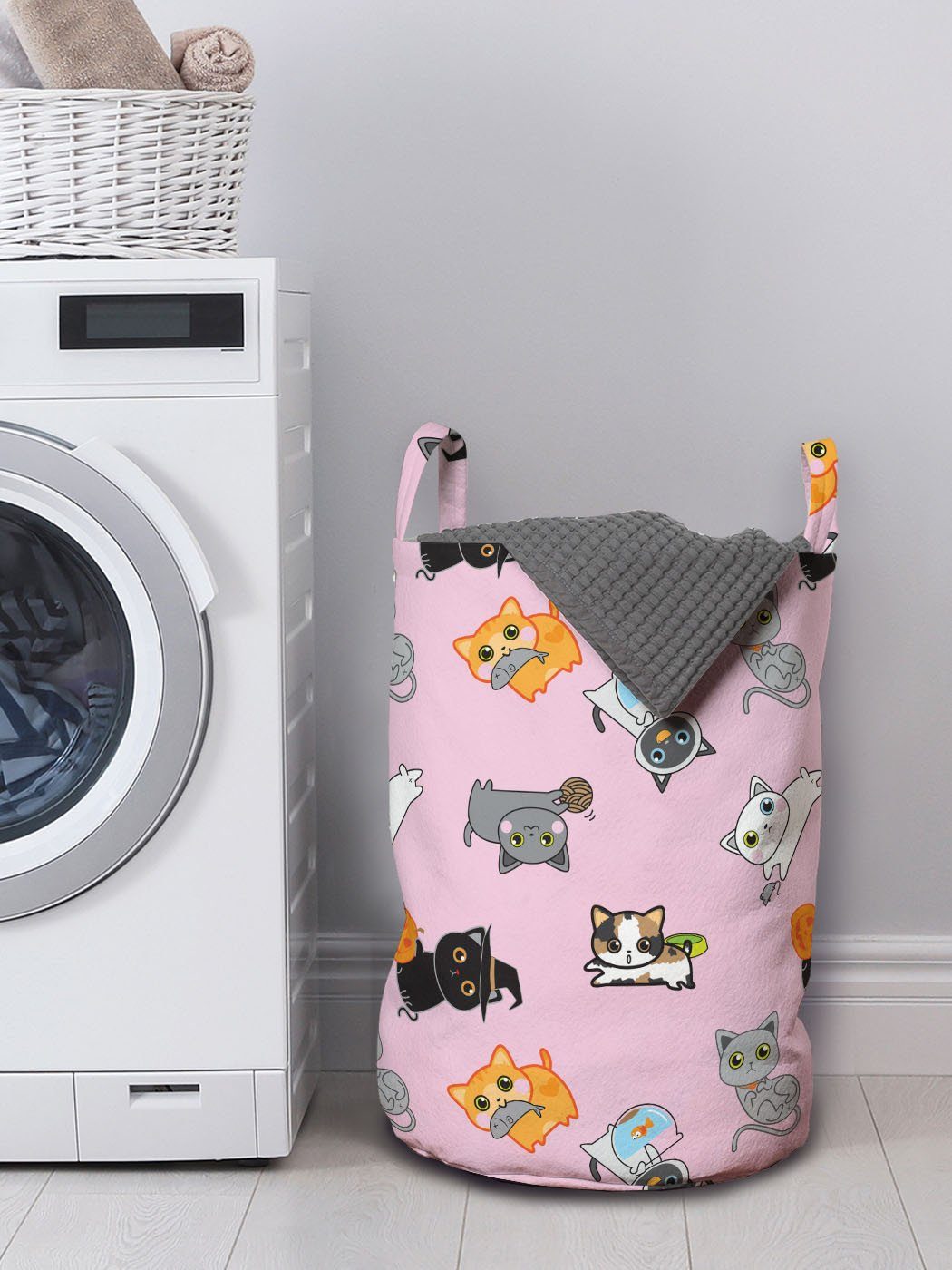 Bunte Wäschekorb mit Wäschesäckchen Kordelzugverschluss Baby-Kätzchen Abakuhaus für Katze Waschsalons, Griffen