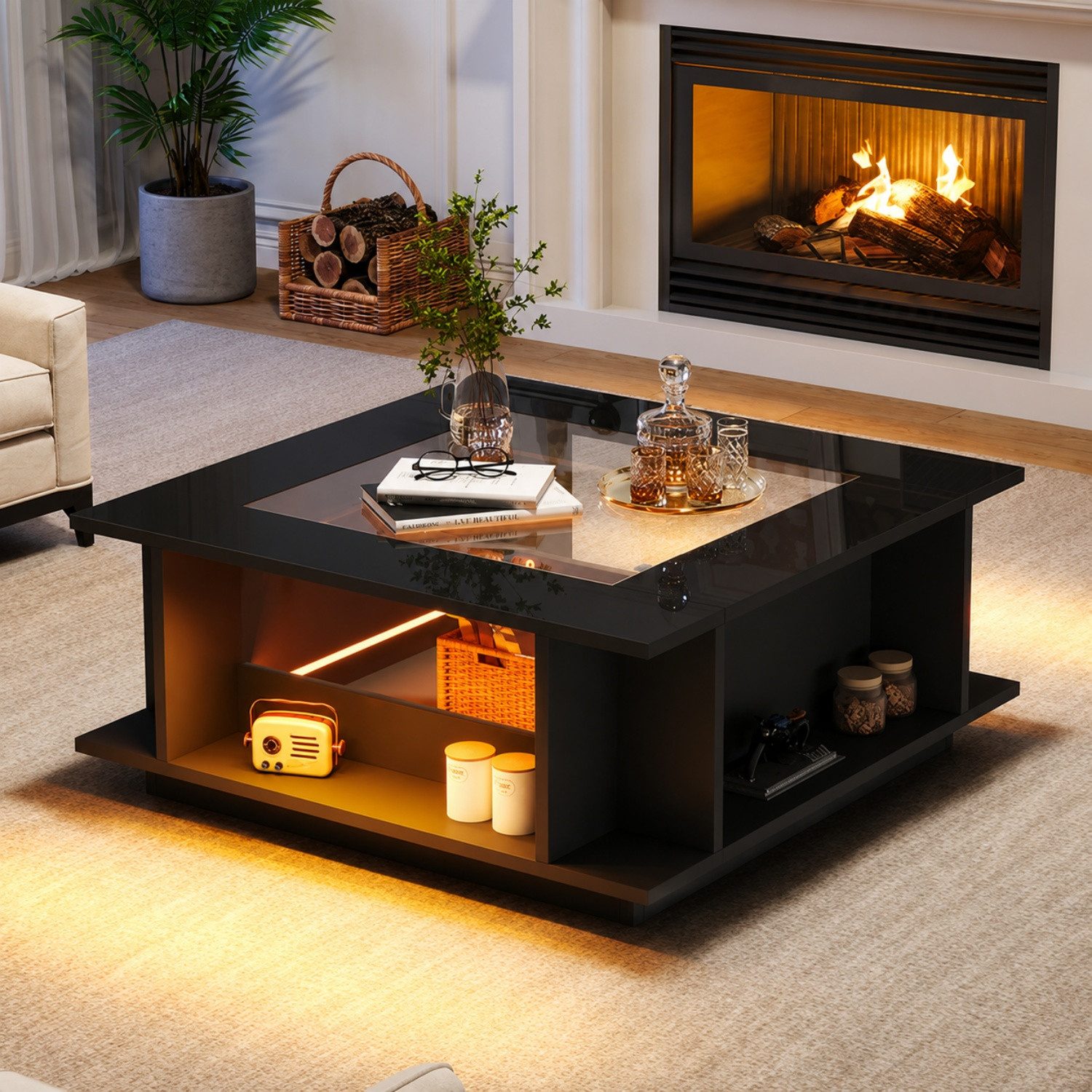 ANYSUN Couchtisch LED Couchtisch 70 × 70 cm, Hochglanz mit Glasplatte & Stauraum (1 Couchtisch), App-gesteuerte LED, 4 offene Fächer, USB, belastbar bis 30 kg