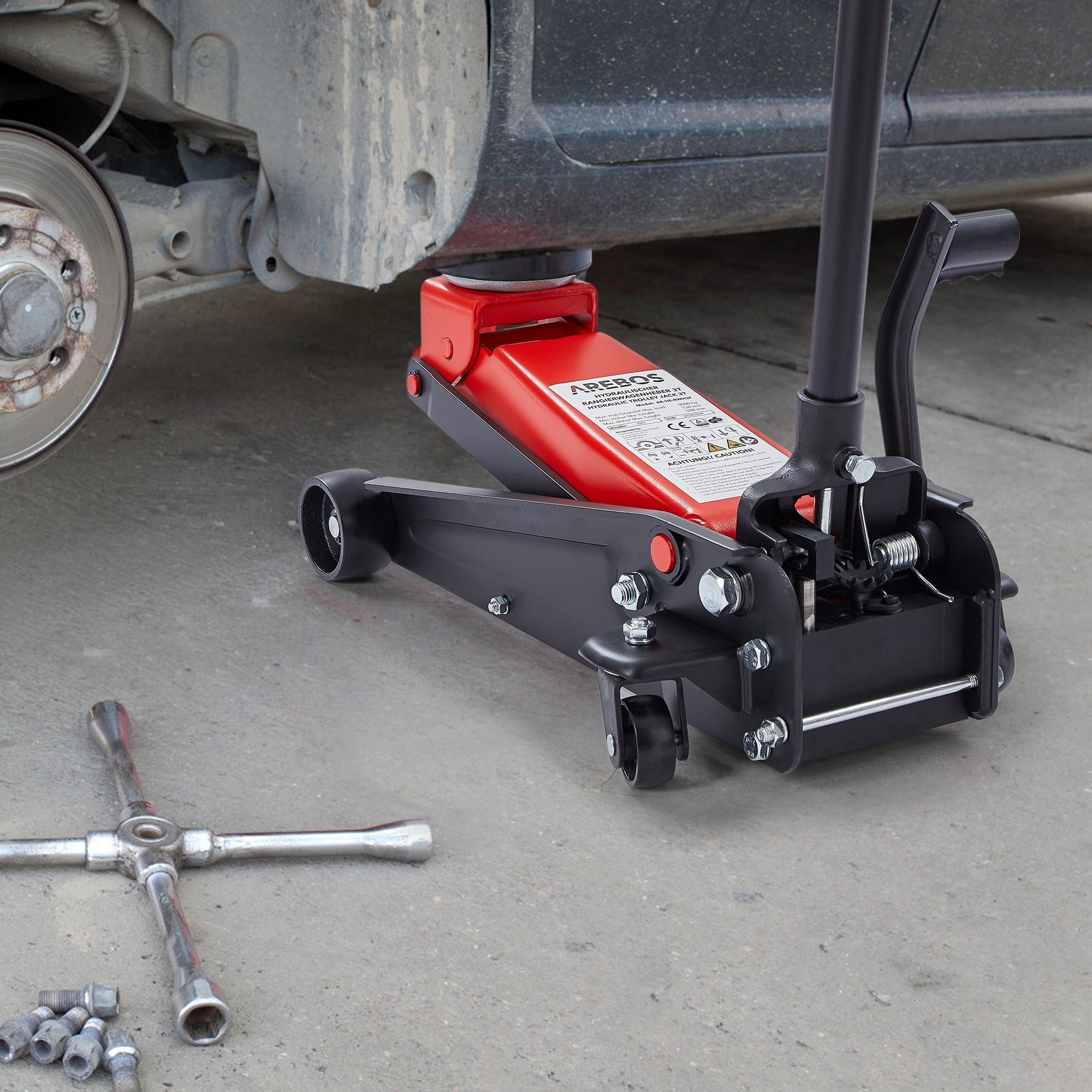 Arebos Rangierwagenheber Rangierwagenheber 3t Hydraulisch mit Fußpedal & Gummi-Pads, 4-tlg., mit Fußpedal, Stabile Stahlkonstruktion – langlebig & robust für We – Bild 2 von 5