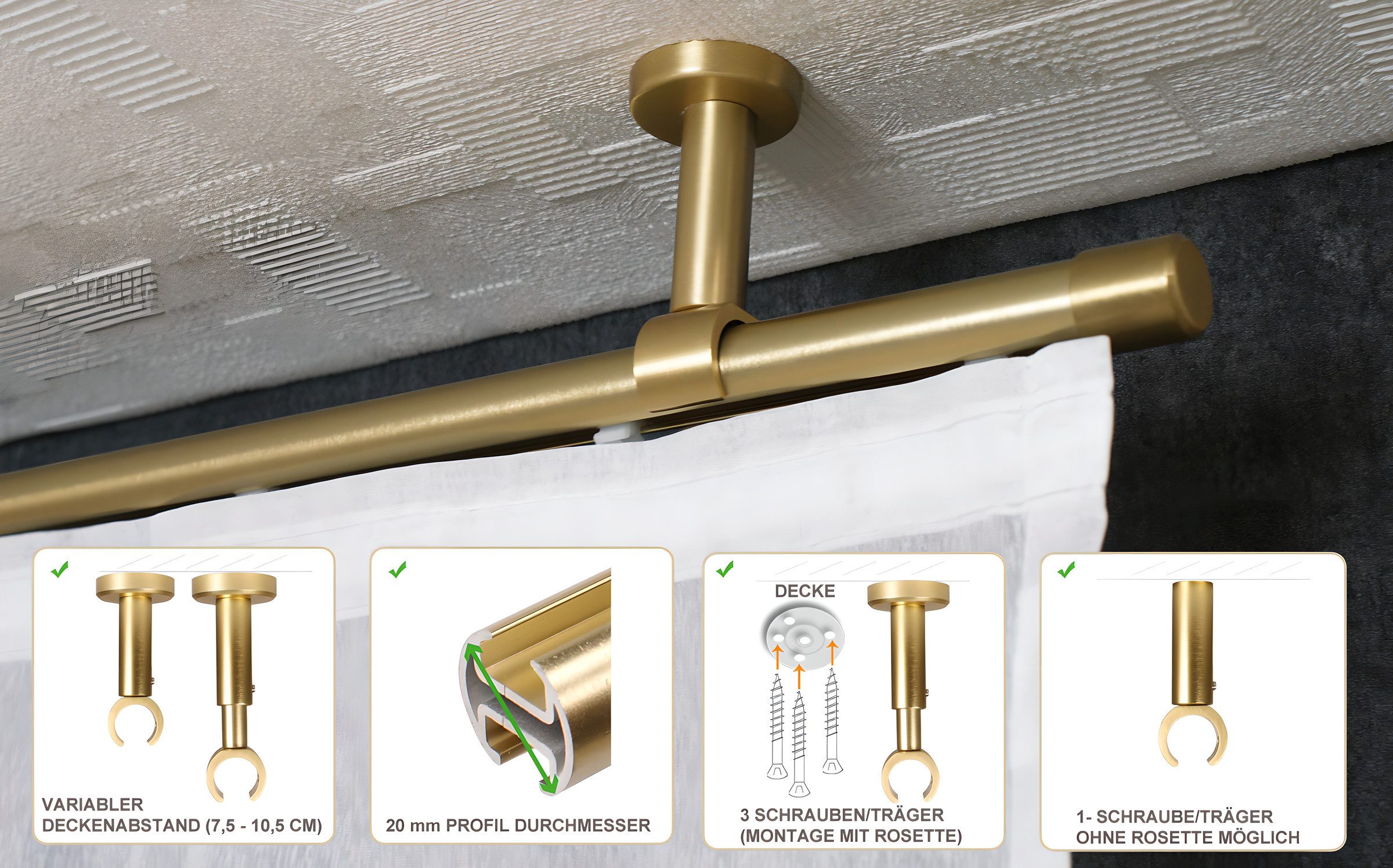 iso-design Gardinenstange Innenlauf zur Deckenmontage 20 mm Durchmesser variabler Deckenabstand, Ø 20 mm, kürzbar, Deckenmontage, geschraubt, Aluminium, Deckena – Bild 4 von 5