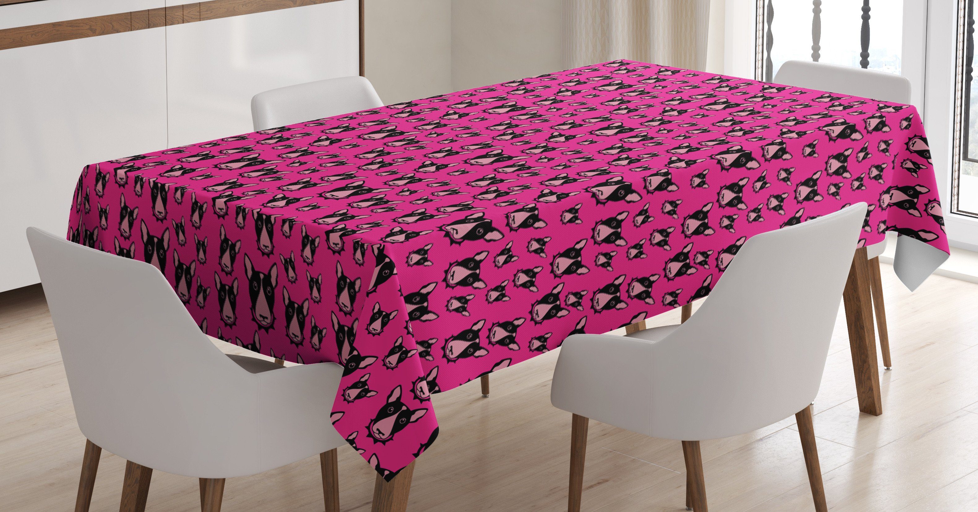 Abakuhaus Tischdecke Farbfest Waschbar Für den Außen Bereich geeignet Klare Farben, Hunde Bullterrier-Hundeköpfe auf Rosa | Tischdecken