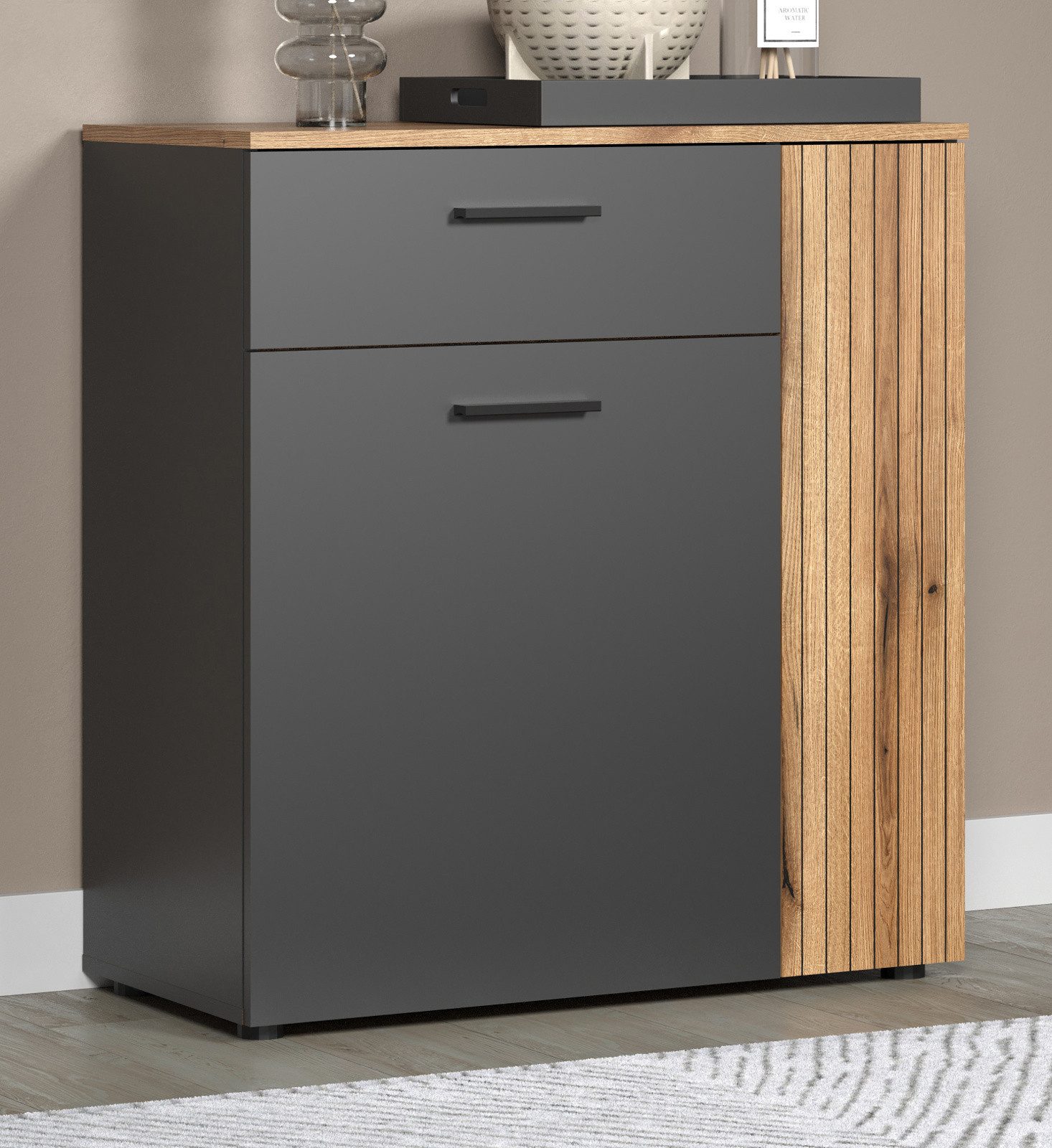 Furn.Design Kommode Avila (Sideboard in grau mit Evoke Eiche, 80 x 86 cm), mit Staboptik