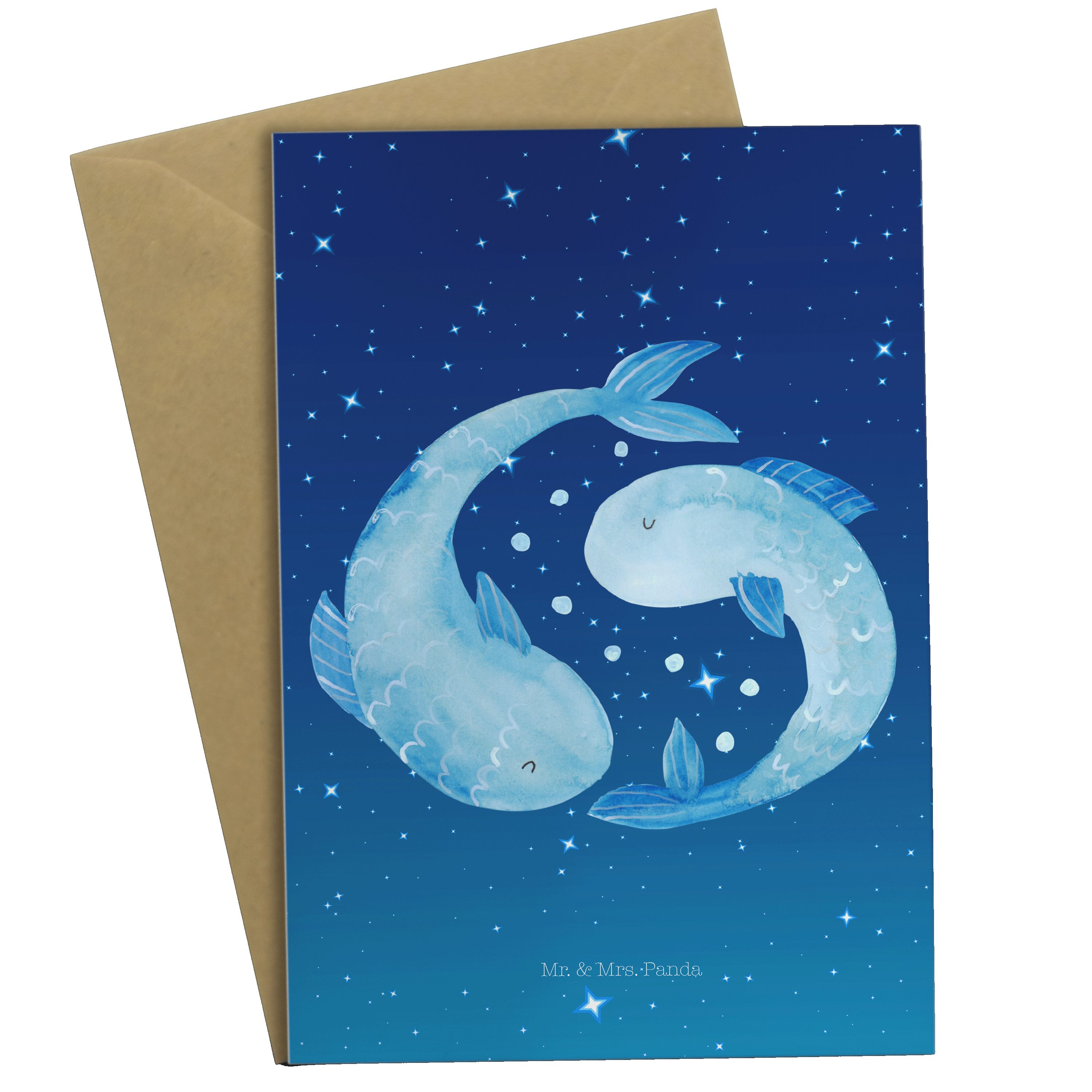Mr. & Mrs. Panda Grußkarte - Februar Fische Geschenk - Geschenk, Sternenhimmel Blau Sternzeichen