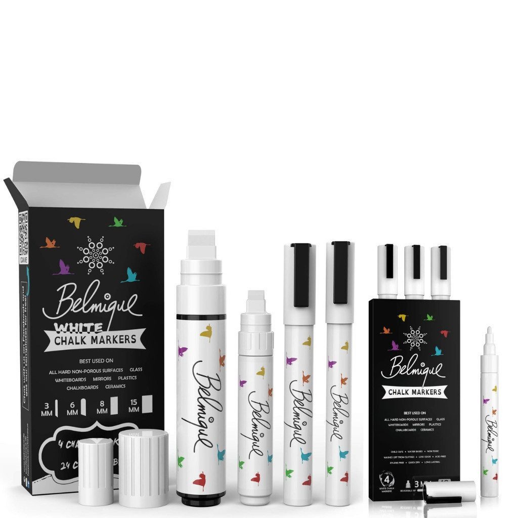 Belmique Malkreide Kreidemarker, (9-tlg., 3MM - 15MM weiße Kreidemarker, Inkl. Tafelsticker), Ideal für Tafel, Fenster, Whiteboard - Rund- & Schrägkeilspitze