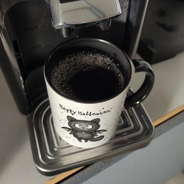 speecheese Tasse Happy Halloween Kaffeebecher in schwarz mit schwarzer Fledermaus-Katze
