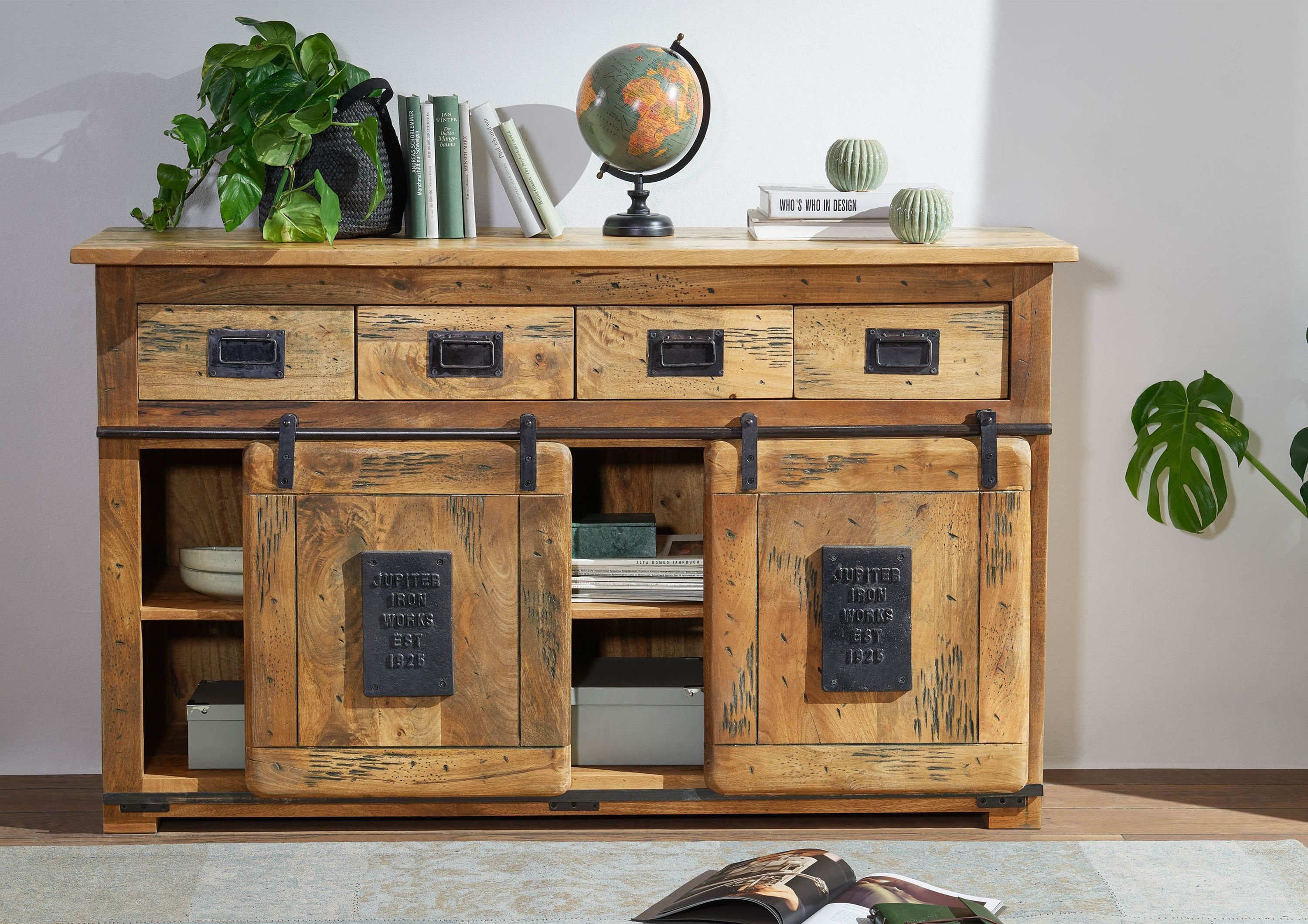 Massivmoebel24 Sideboard RAILWAY (Massivholz), Mango 150x45x90 natur lackiert RAILWAY #120