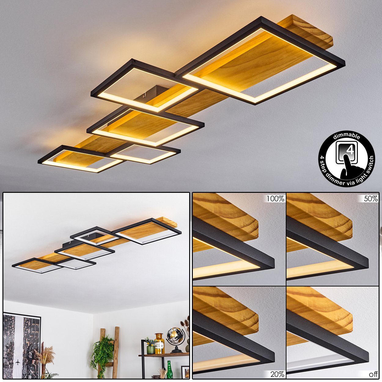 dimmbar, Kelvin, hofstein herkömmlichen Lumen 5700 Schwarz/Natur, über 3000 dimmbare Deckenleuchte LED, Deckenlampe, Lichtschalter »Palermo« Metall/Holz/Kunststoff,