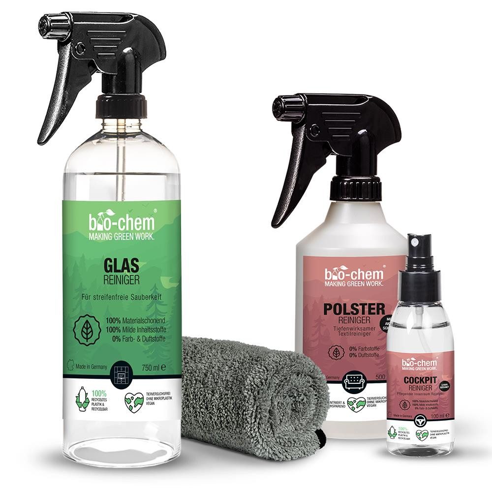 Innenraum Autopflege Set 4-teilig – Glas-, Polster- & Cockpitreiniger Auto-Reinigungsmittel
