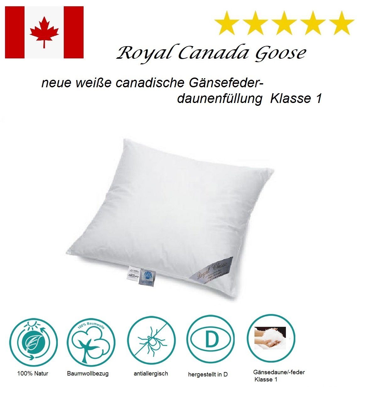 Kopfkissen Royal Canada 15% Canada Qualität waschbar, Gänsedaunen 1 Goose 80x80cm Gänsefedern85 % Klasse Kissen