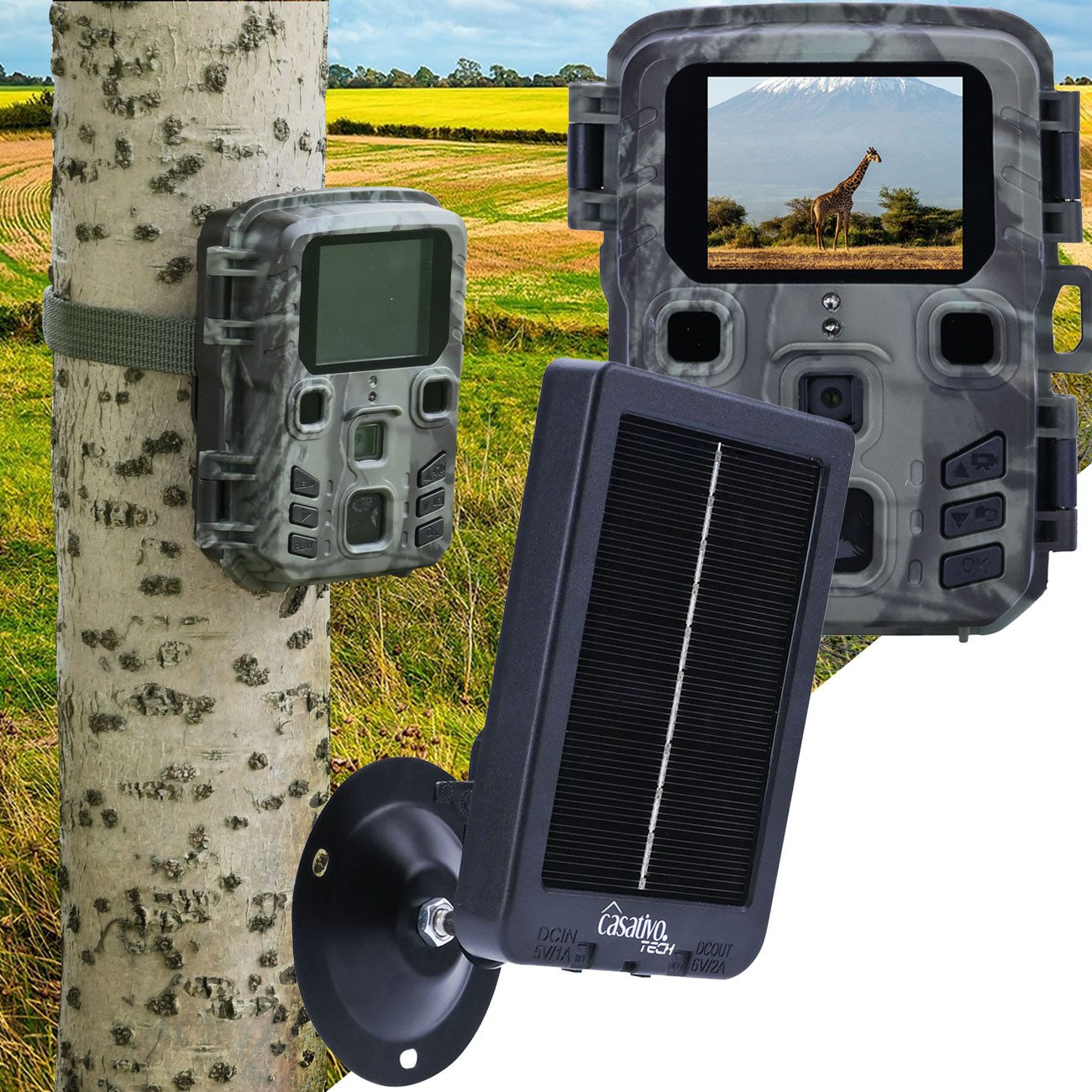 Casativo Wildkamera Full-HD-Wildkamera 20MP mit Solarpanel PIR-Sensor IR-Nachtsicht LEDs (20MP Full-HD, 15m IR-Nachtsicht, 180g leicht & 12W Solar)