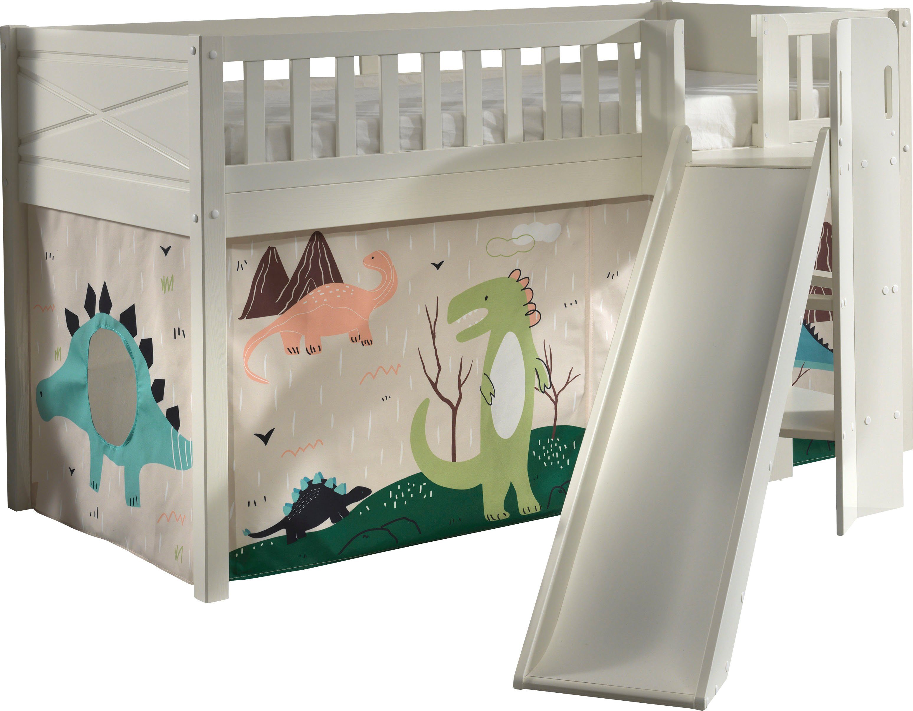 Vipack Hochbett Scott m. Rutsch-/Leiterturm, LF 90x200 cm, Vorhang, Tunnel, 7 Designs Beige Dino