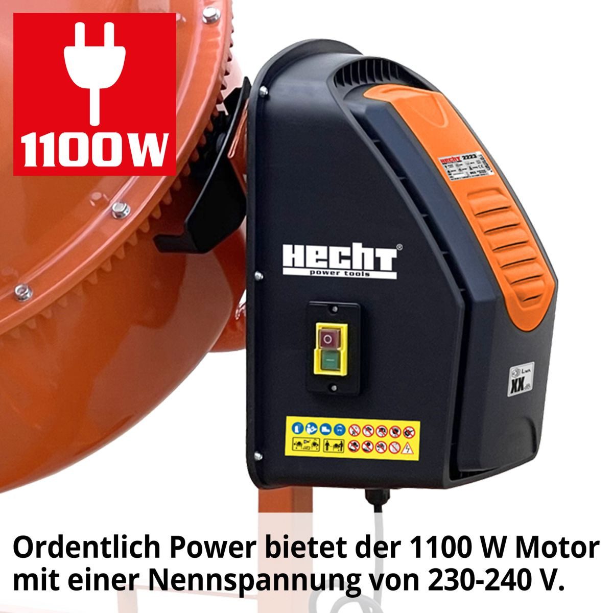 Hecht Betonmischer Mörtelmischer 2223, 1100W, 200L Volumen, 26 U/min, Ø 415 mm, 270 mm Räder, IP44 & Schutzklasse II