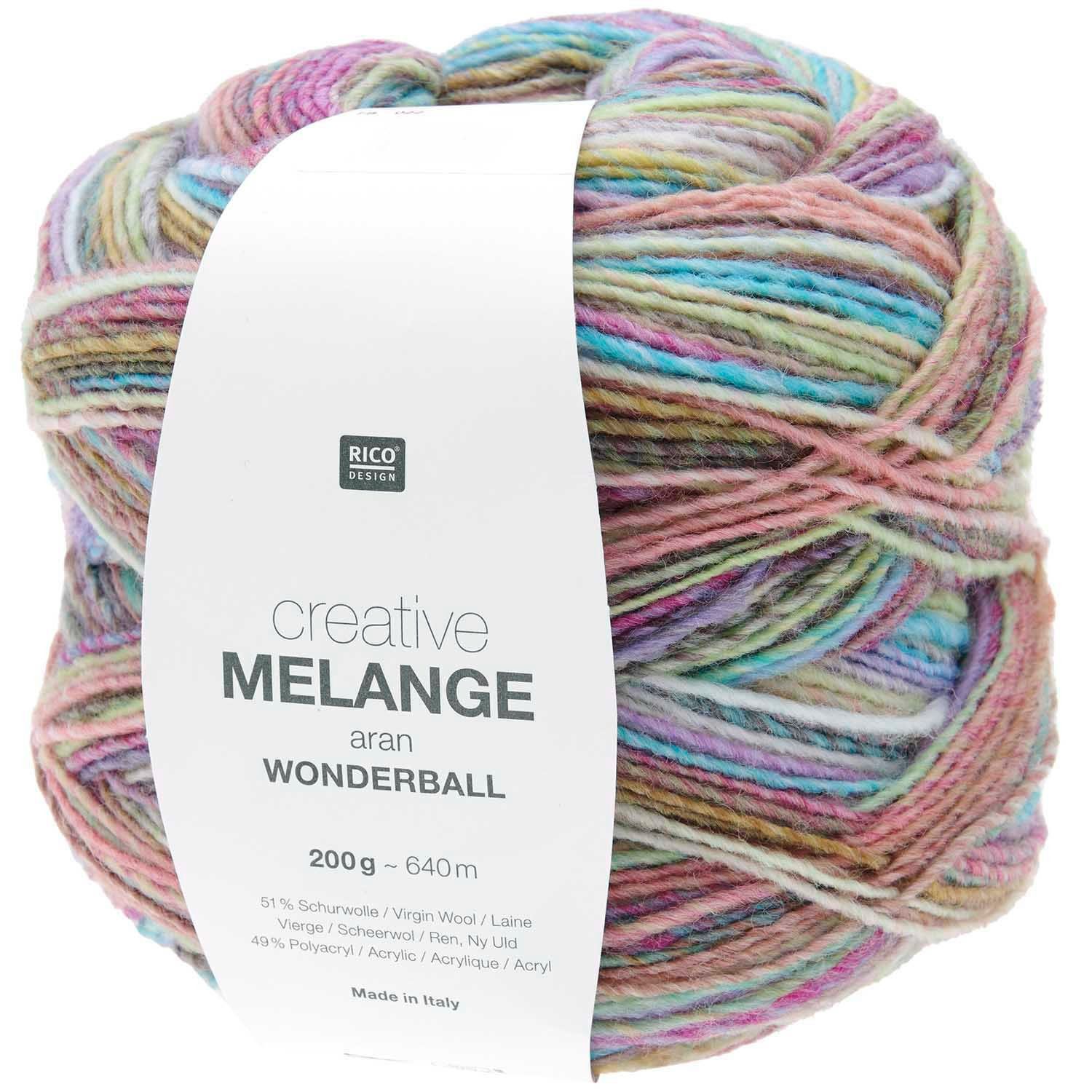 Rico Design Creative Melange Aran Wonderball Häkelwolle, 640,00 m (Wolle mit Farbverlauf zum stricken oder häkeln, Strickgarn Handstrickgarn Strickwolle, 200g), dicke Farbverlaufswolle