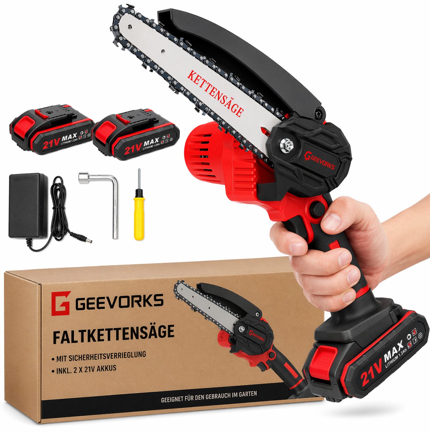 GARRYFIZH Akku-Kettensäge Akku Kettensäge 21V Akku Astsäge Akkukettensäge Akku Mini Kettensäge, 15,2 cm Schwertlänge, 2 Akku 6 Zoll lange Führungsplatte Bürstenmotor