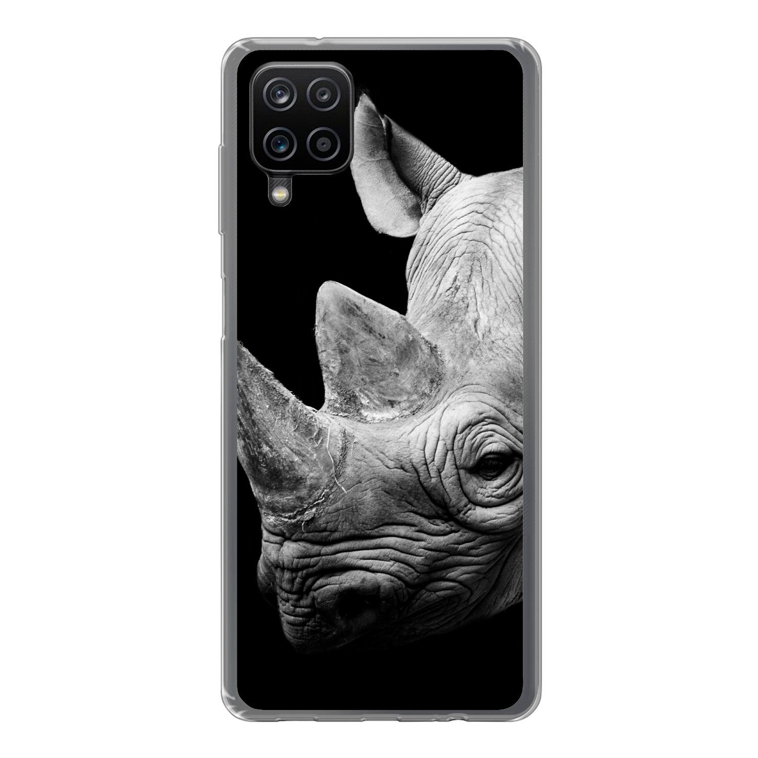 Handyhülle für Samsung Galaxy A12 Tiere - Nashorn - Schwarz - Weiß - Porträt
