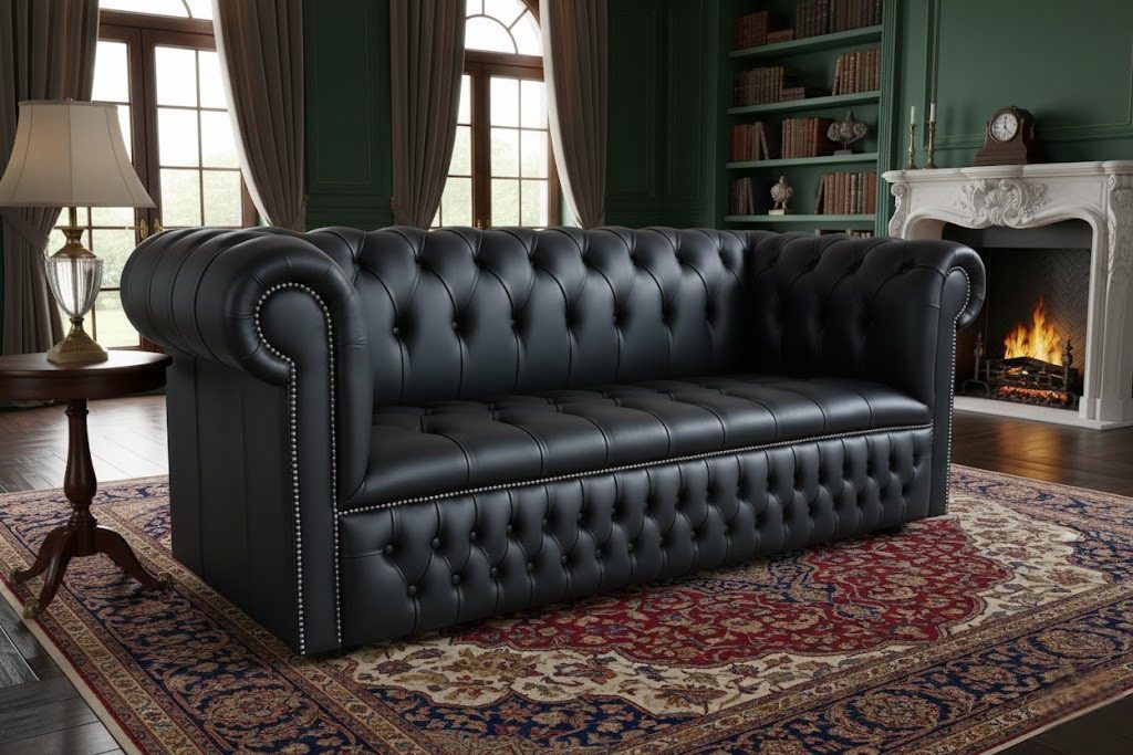 Xlmoebel Chesterfield-Sofa Polster XXL 3 Sitzer Schwarze Sofa Couch Big Sofas 100% Leder Sofort, Sofa 1 Teile, Hergestellt in Europa