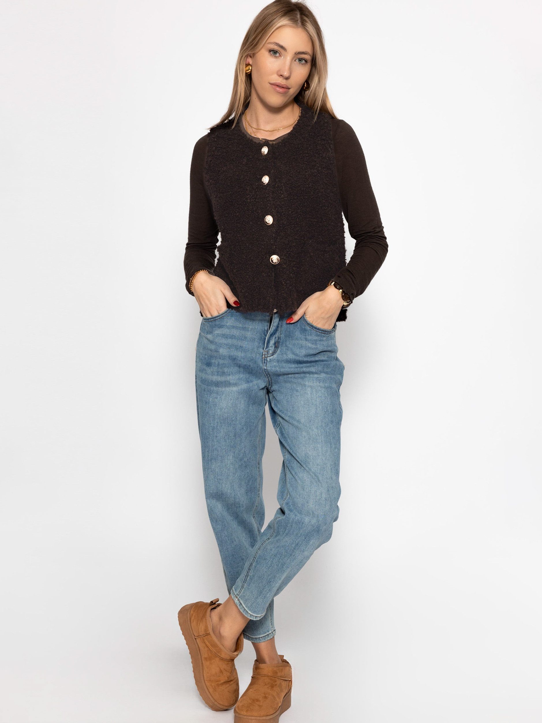 SASSYCLASSY Kurzweste Bouclé-Weste mit aufgesetzten Taschen für Damen Weich günstig online kaufen