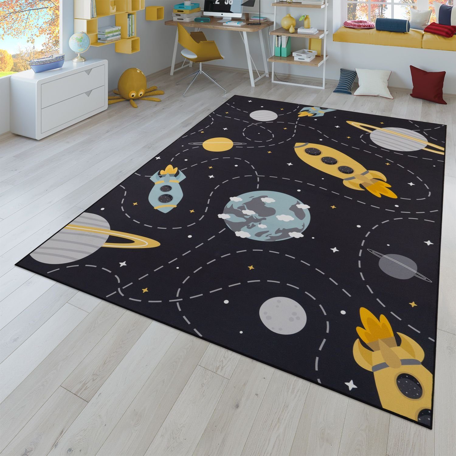 Kinderteppich Rutschfester Teppich Kinderzimmer Spielteppich Mädchen Jungen, TT Home, eckig, Höhe: 9 mm Grau Blau Gelb