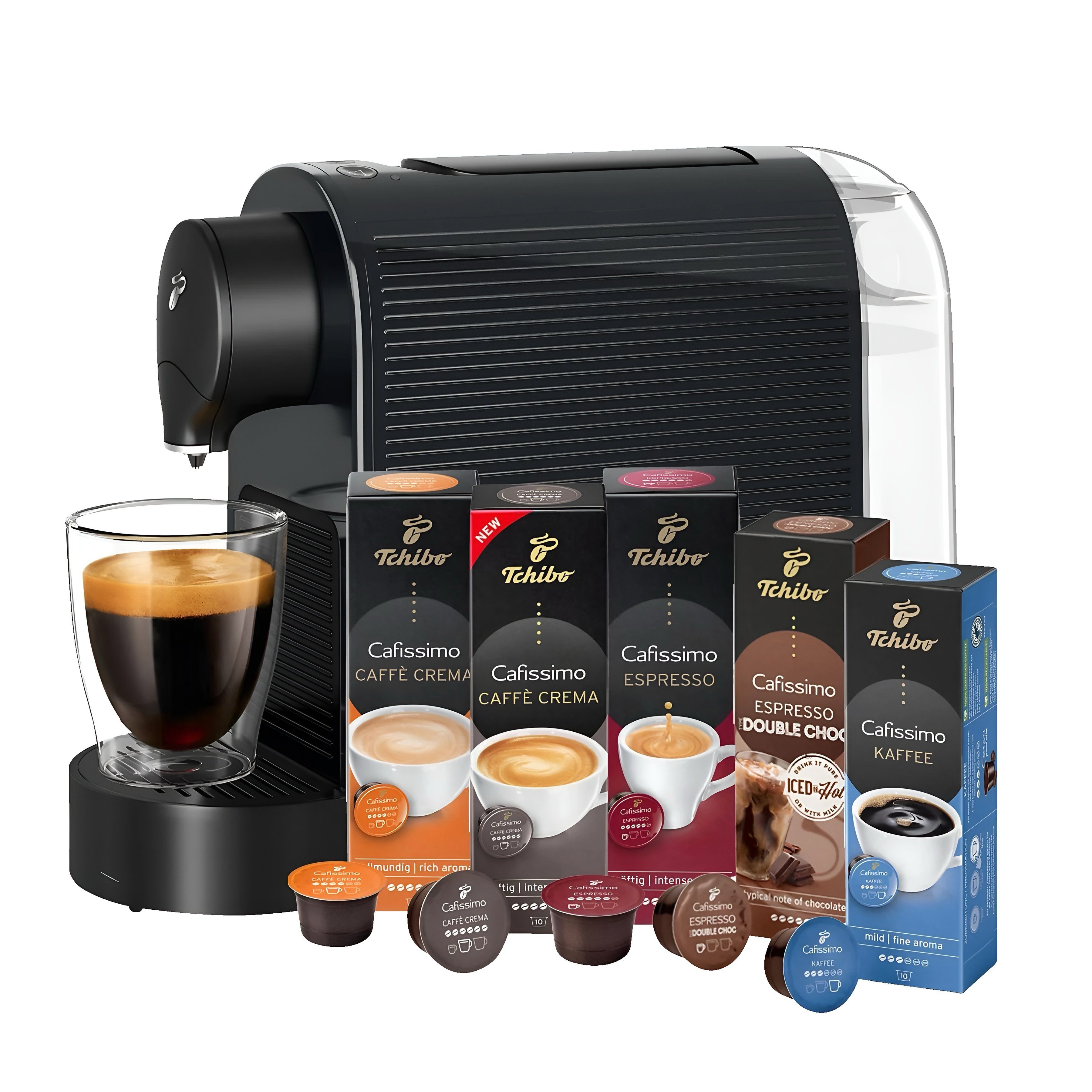 Kaffeevollautomat, Kapselmaschine Kapselmaschine, Tchibo 50 plus + Pure Espresso Kapselkaffee, Kapseln CAFISSIMO schwarz TCHIBO Maschine, Kapsel-/Kaffeepadmaschine Tchibo Qualität