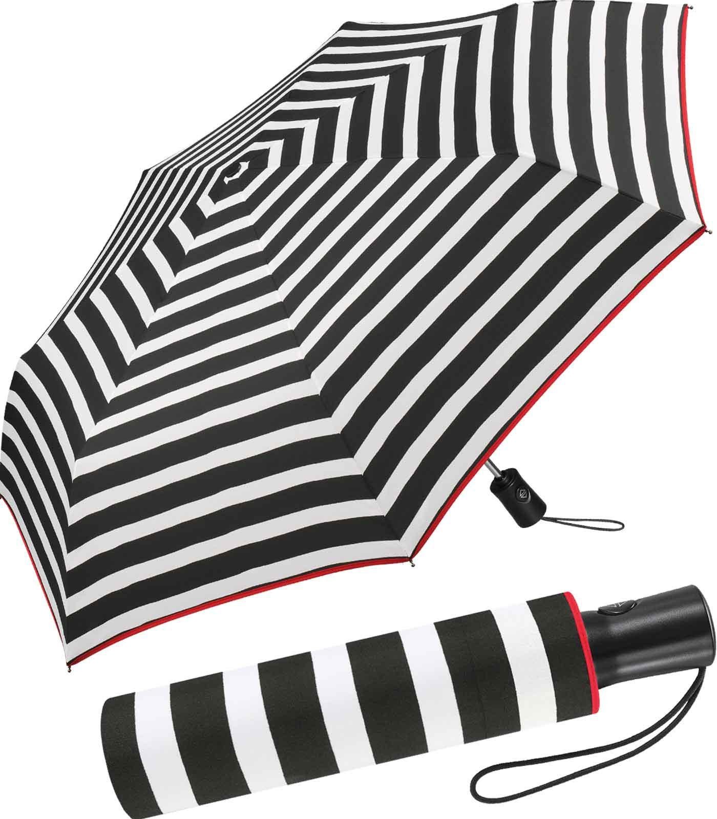 HAPPY RAIN Langregenschirm schöner Damen-Regenschirm mit Auf-Zu-Automatik, bedruckt mit klassischen weißen Streifen
