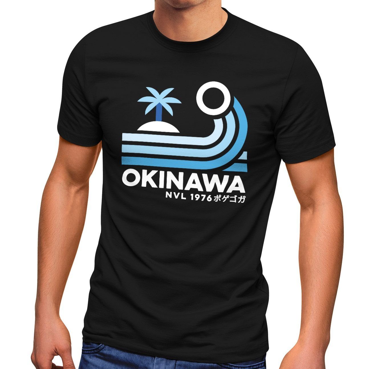 Streetstyle T-Shirt mit Japan Neverless Palme Print schwarz Neverless® Fashion Schriftzug Retro Herren Okinawa Print-Shirt Welle
