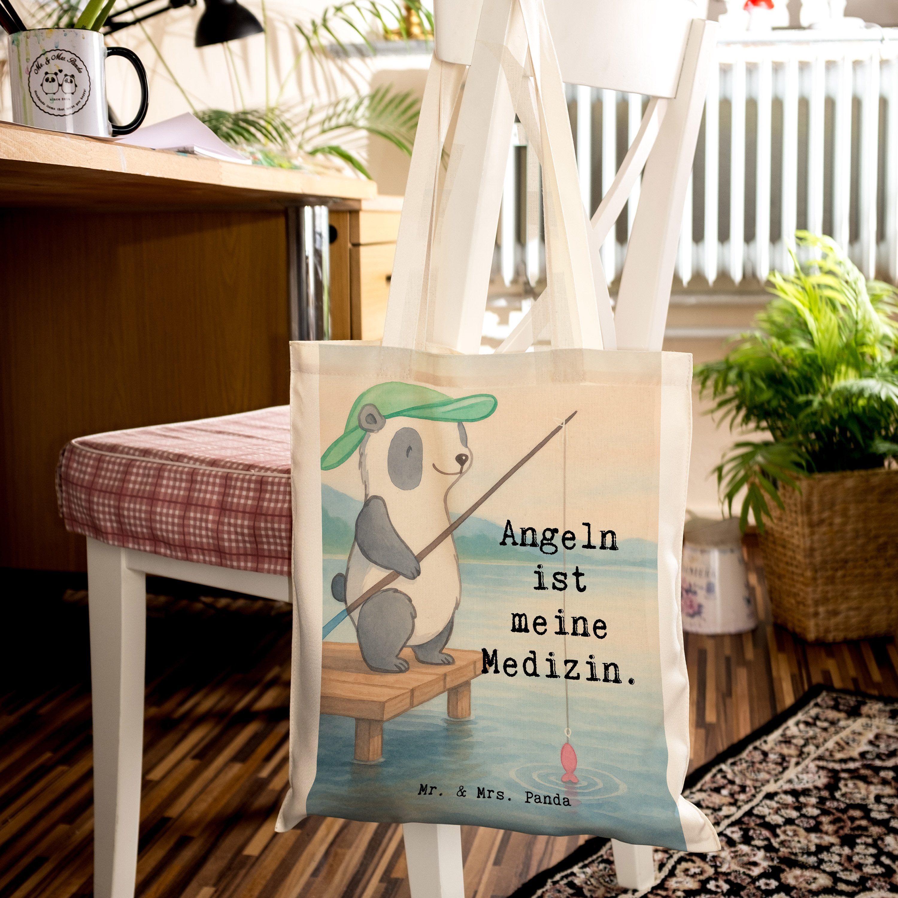 Mr. & Mrs. Panda Tragetasche Panda Angeln Design, Jutebeutel, Weiß, Baumwolltasche, Shopping Tasch (Packung), Baumwolltasche Uni Tasche freizeitbeutel
