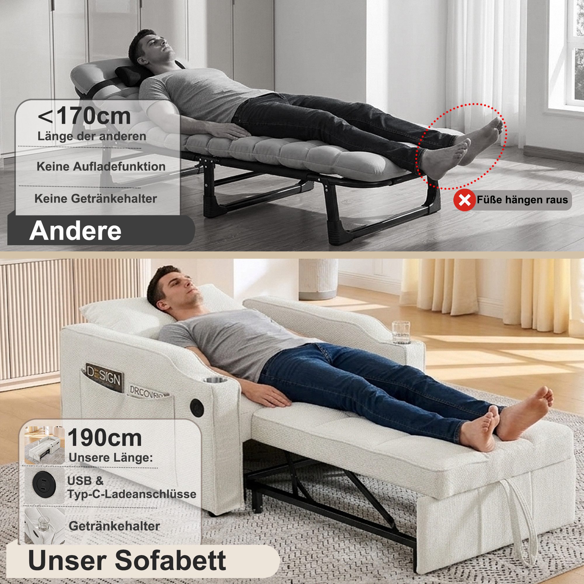 i@home Relaxsessel Schlafsessel mit Bettfunktion 3-in-1 Ausziehbares Schlafsofa (platzsparend für Wohnzimmer und Schlafzimmer), Verstellbarer Einzelsessel mit Seitentasche, für kleinen Raum, Beige