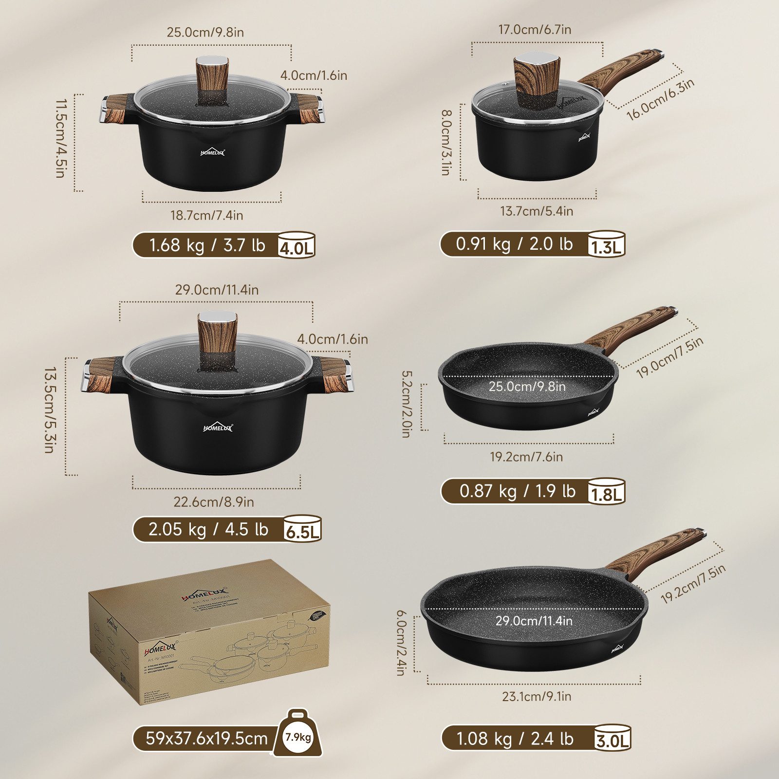 HOMELUX Topf-Set Induktions Töpfe Set mit Antihaftbeschichtung,Holzmaserung, Aluminiumguss, Aluminium (Set, 8-tlg., 24/28cm Pfanne,16cm Milchtopf mit Deckel,24/28cm Kochtopf mit Deckel), für alle Herdarten,Spülmaschinengeeignet