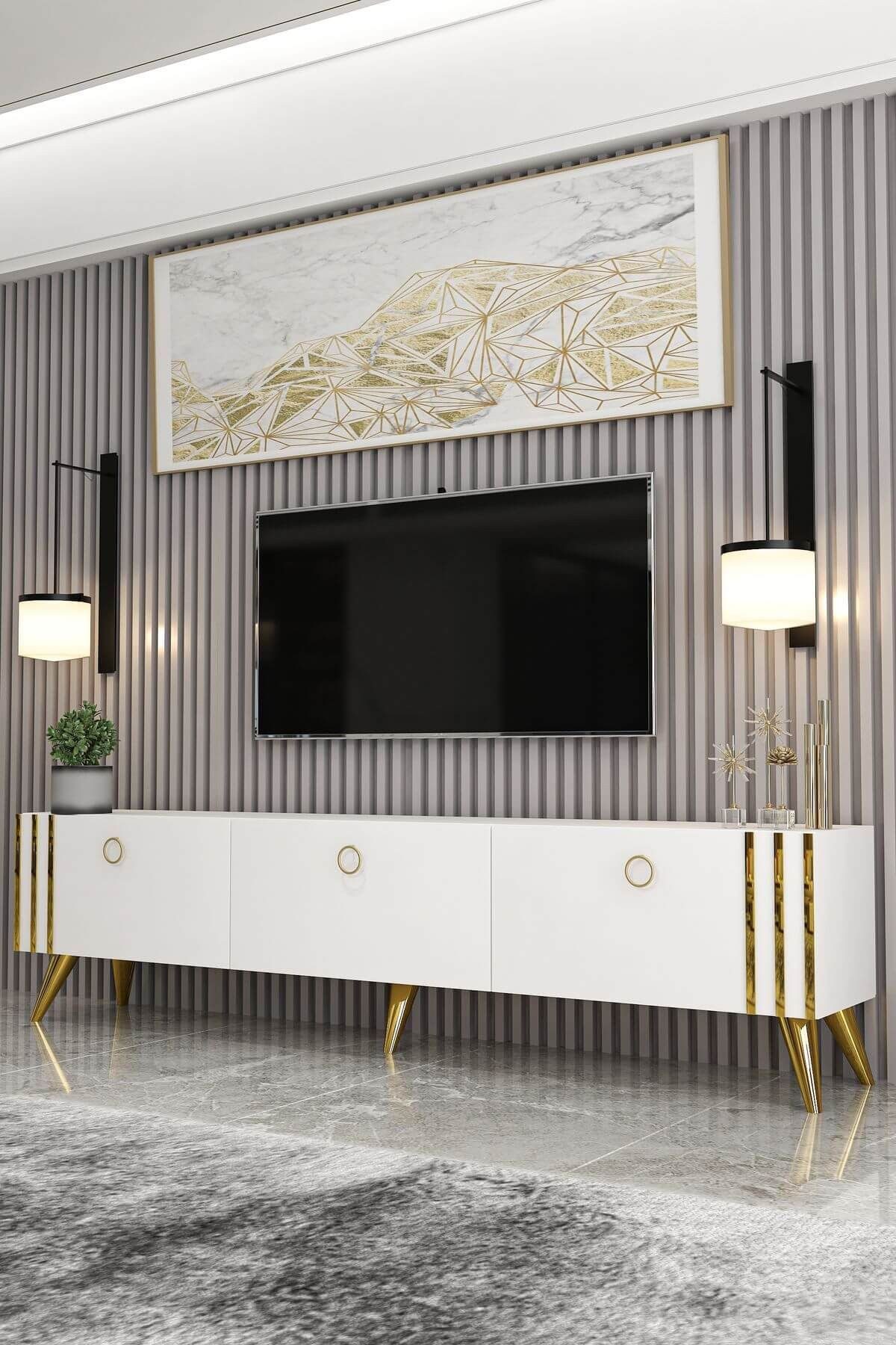 Brandloop Lowboard Brandloop TV-Lowboard ASTEL 180 cm mit Türen, Weiß/Gold – Bild 3 von 5
