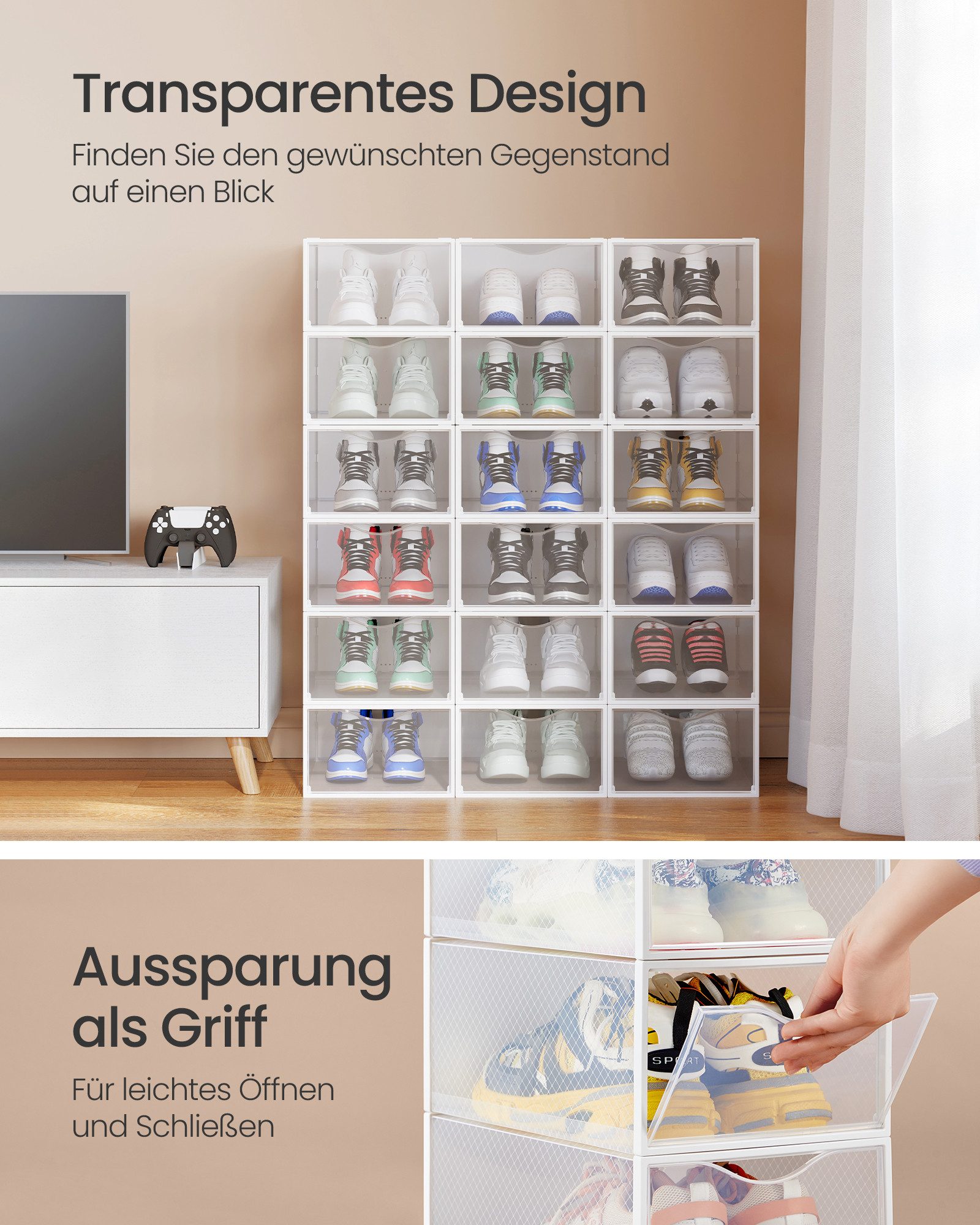 SONGMICS Schuhbox Schuh-Organizer aus Kunststoff, mit Tür, durchsichtig, stapelbar (18 St), einfache Montage, 33,2x23x14,5 cm, 18er Set, für Schuhe bis Größe 43 – Bild 4 von 5