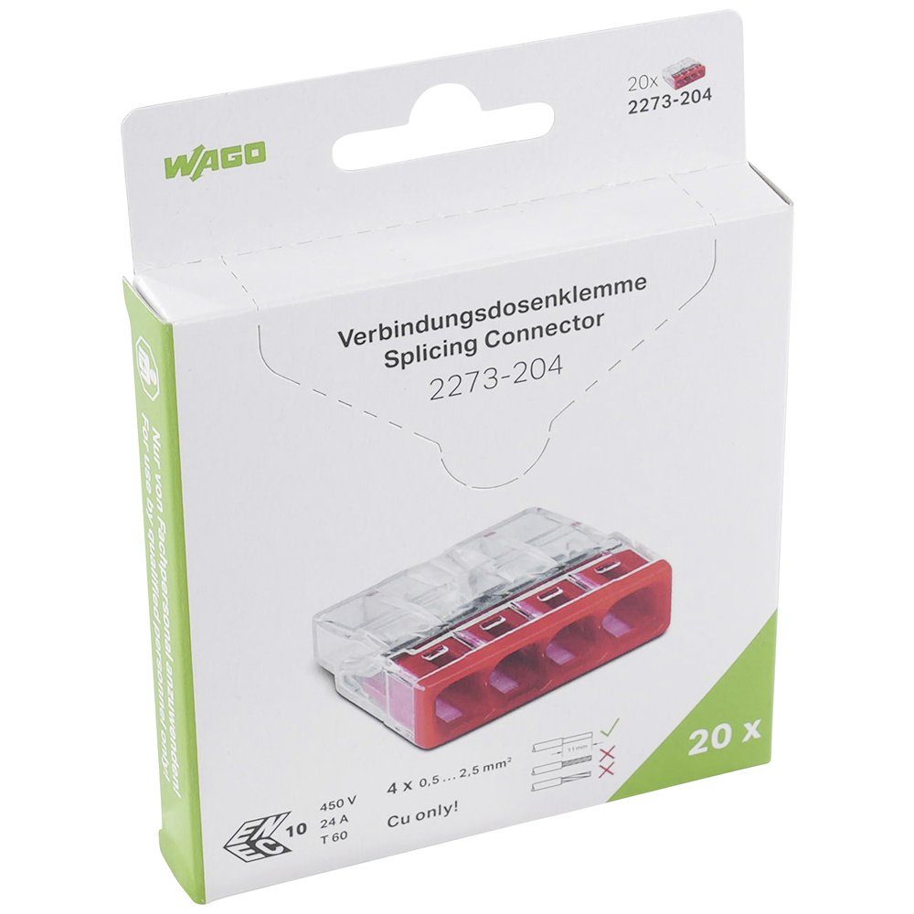 WAGO Verbindungsklemme Dosenklemme starr: 0.5-2.5 mm² Polzahl (num): 4 WAGO 20 St. Transpare