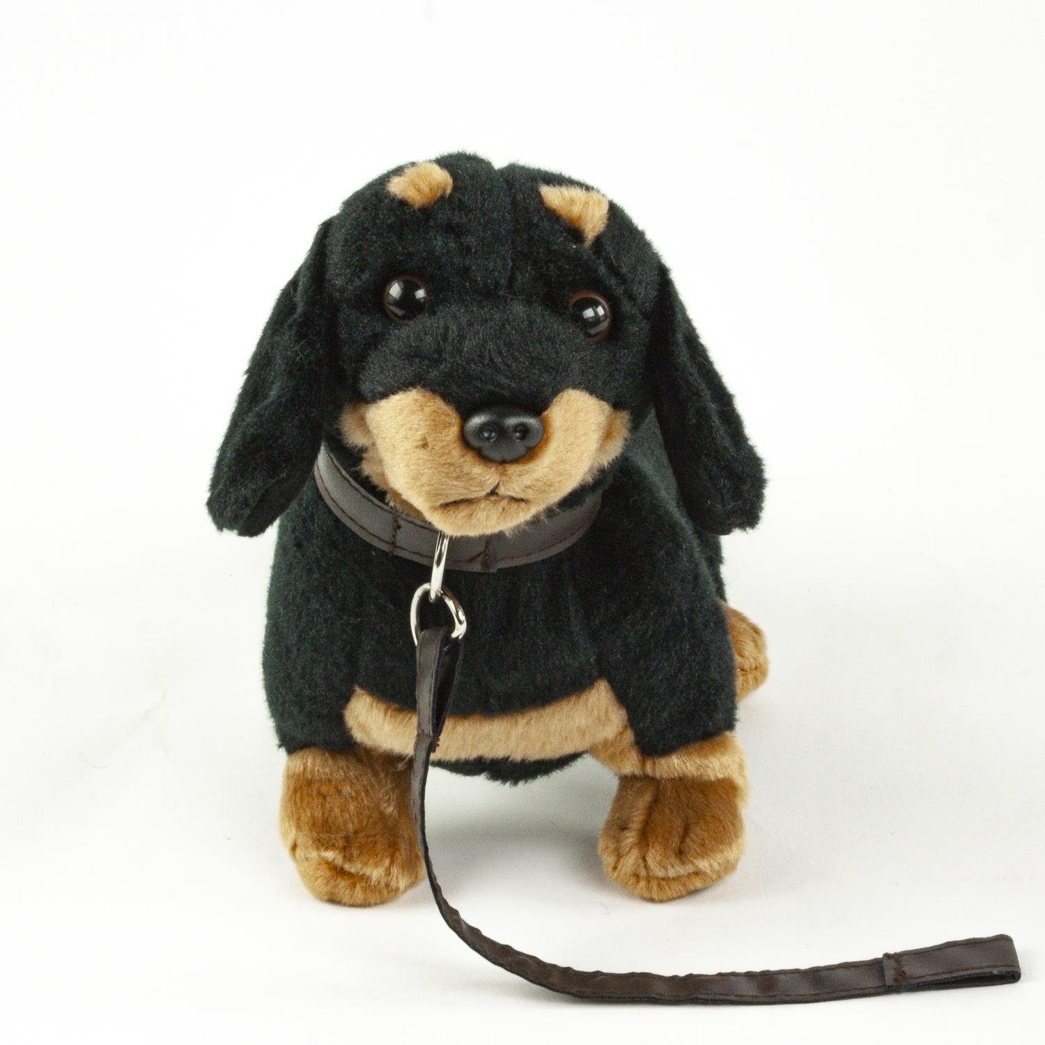 Teddys Rothenburg Kuscheltier Dackel mit Leine 28 cm schwarz-braun stehend Plüschhund Stoffdackel (Plüschdackel, Stofftier, Stoffhund, Plüschtier)