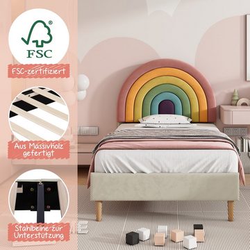 Flieks Polsterbett, Kinderbett mit verstellbarem Regenbogen-Kopfteil 90x200cm Samt