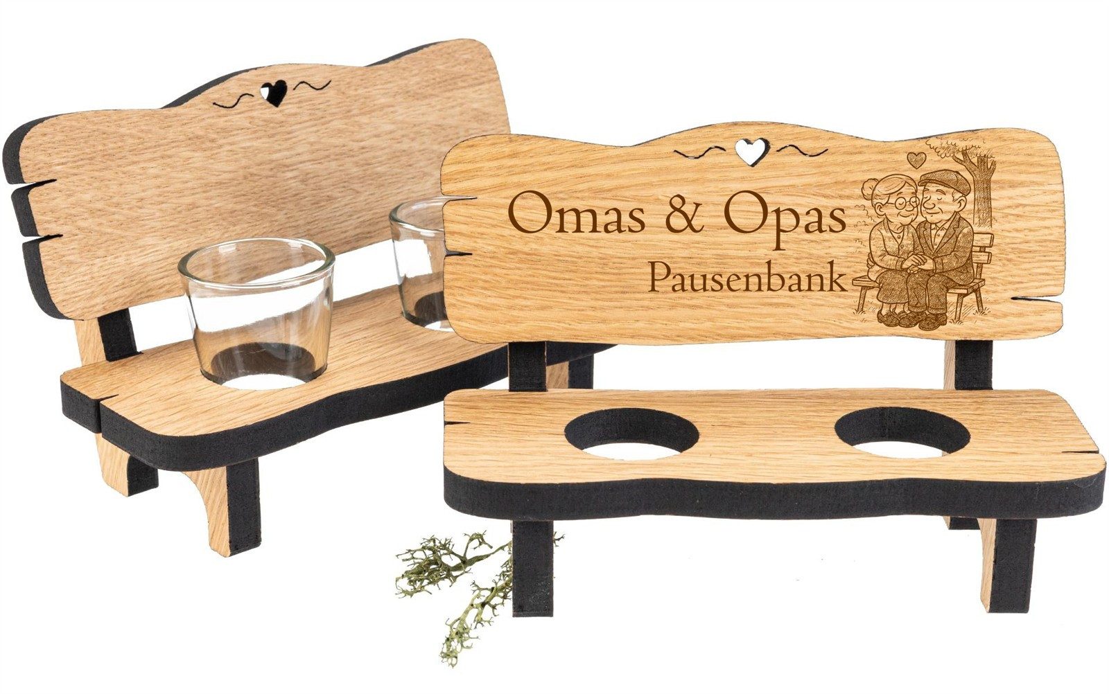 Holz Frank Schnapsglas Schnapsbank aus Eiche „Omas und Opas Pausenbank“ mit Gravur, Eiche