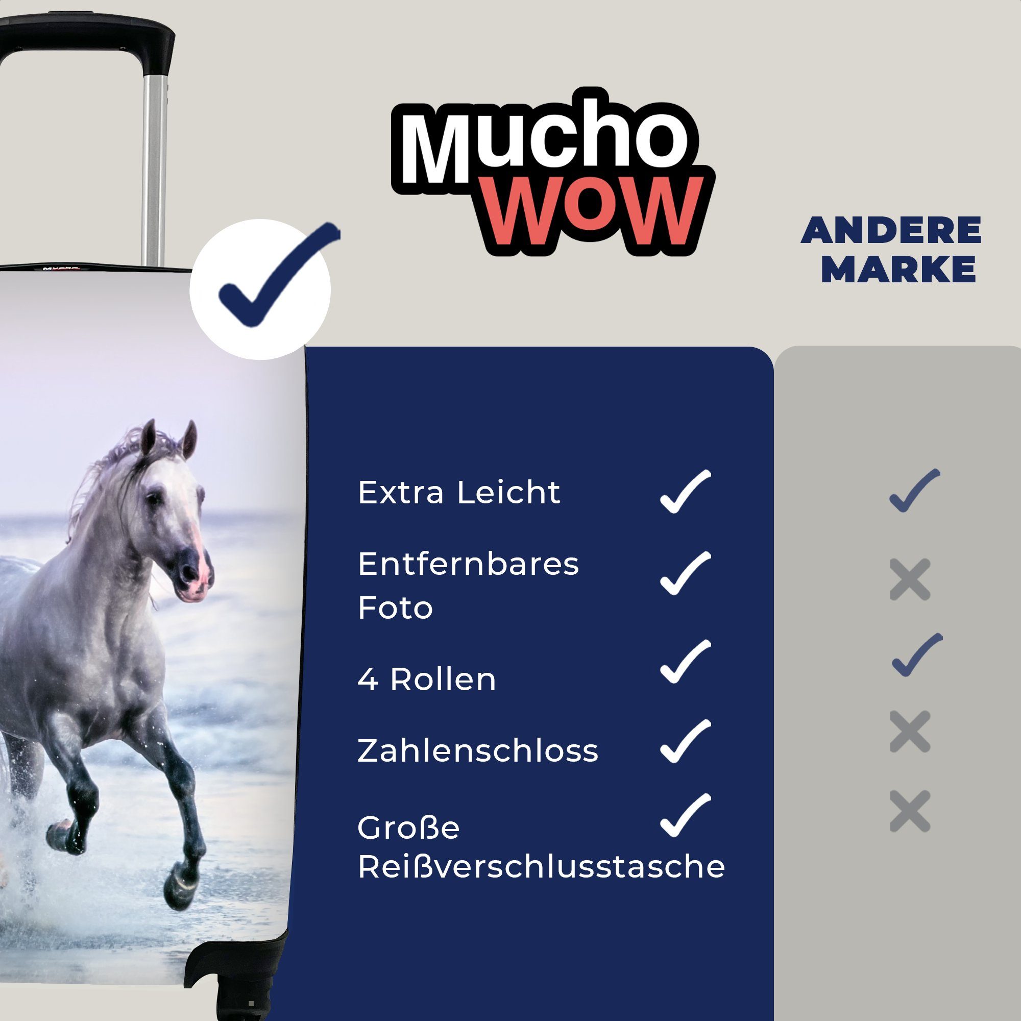 MuchoWow Handgepäckkoffer Pferd Meer rollen, mit Trolley, 4 Reisekoffer für Reisetasche Handgepäck Ferien, Pastell, Rollen, - 