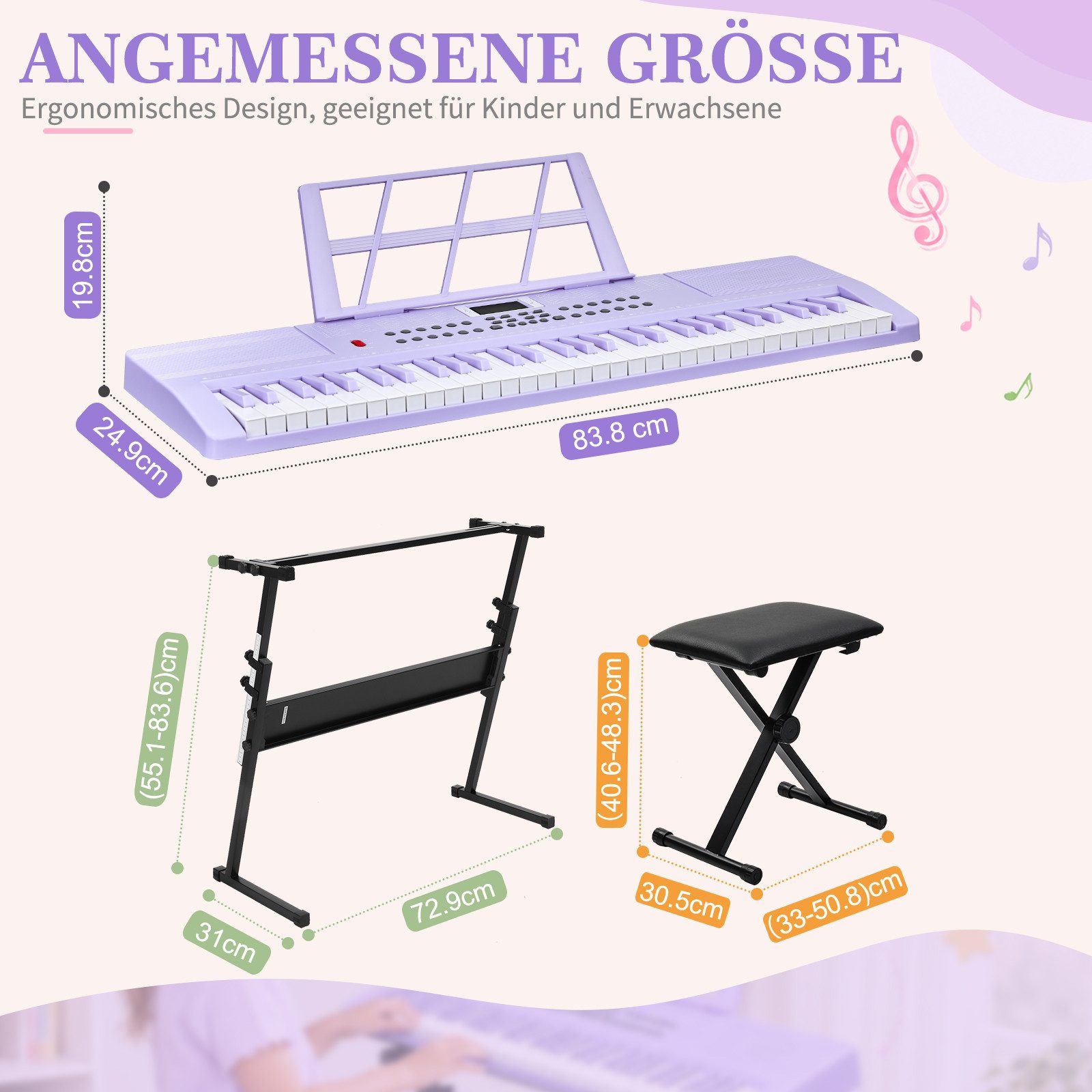LALAHO Klavier 61 Tasten E Keyboard,Digitalpiano Set, Elektronisches Klavier,Keyboardständer, Keyboardbank und Mikrofon