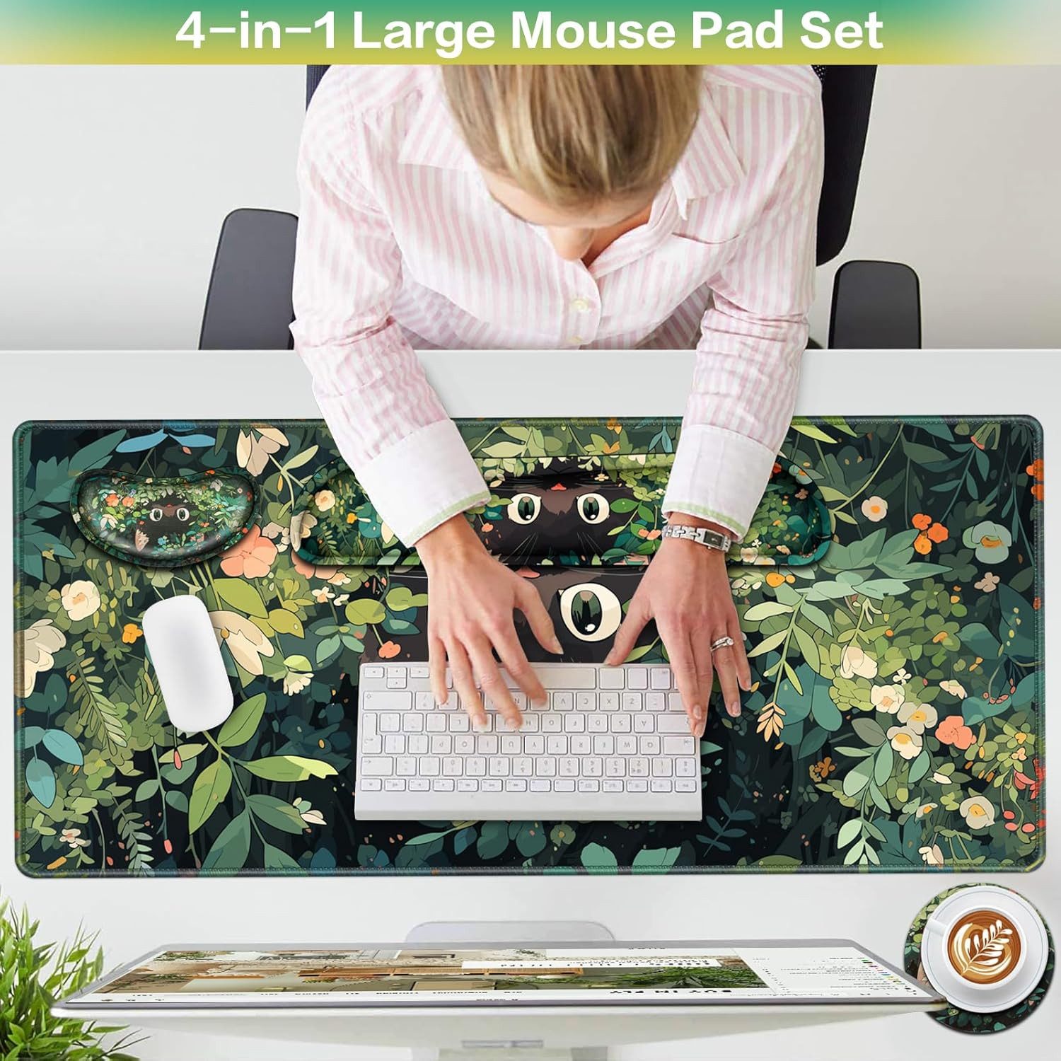 FOUORTUNATE-BEE Mauspad Große Schreibtischunterlage Gaming Mauspad Ergonomisch Set Katze (1-St), Desk Pad Set Büro Gaming Home Maus Tastatur Handgelenkauflage – Bild 4 von 5