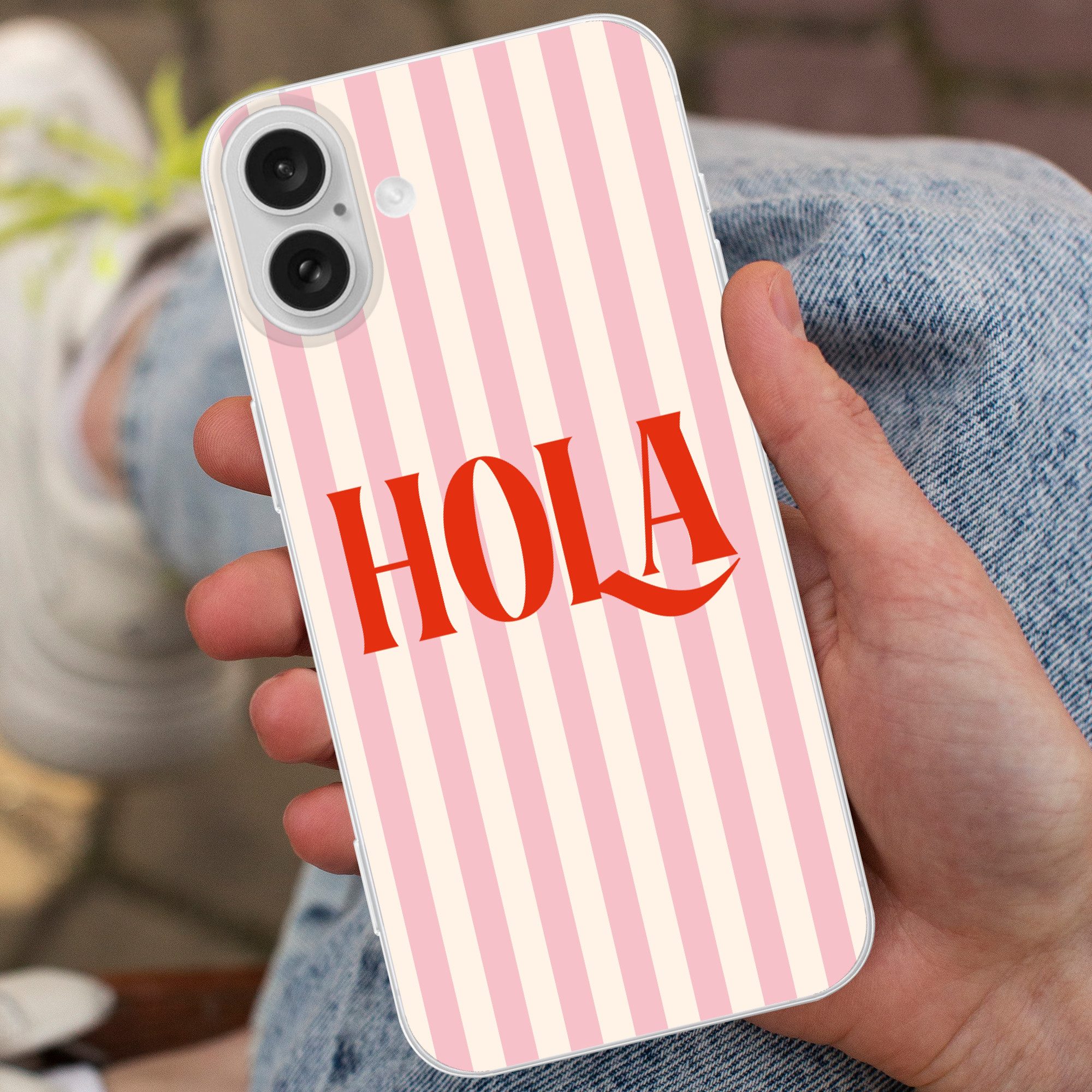MuchoWow Handyhülle für Apple iPhone 16 Plus Hola - Zitat - Streifen - Pastell - Rosa - Ro, Smartphone-Bumper, Print, Handy Schutzhülle Dünn