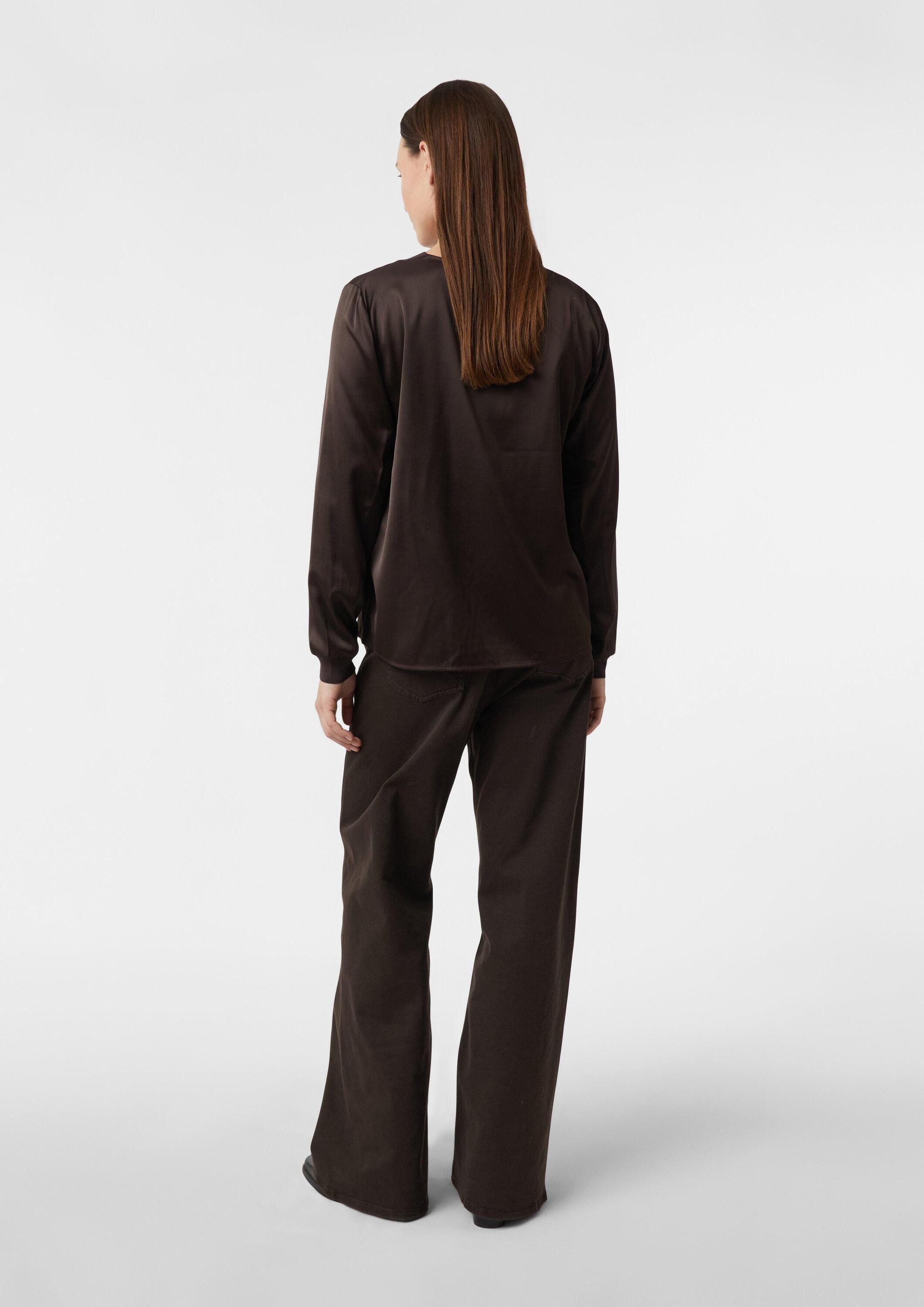 comma Langarmbluse Bluse Satinbluse mit V-Ausschnitt und feinen Rippdetails