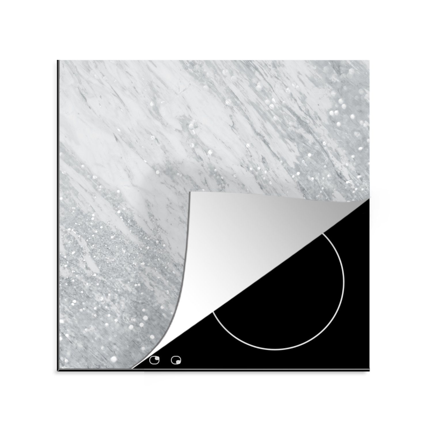 küche Ceranfeldabdeckung, 78x78 - Marmor Silber, cm, Herdblende-/Abdeckplatte Arbeitsplatte (1 - MuchoWow Vinyl, tlg), für Glitter