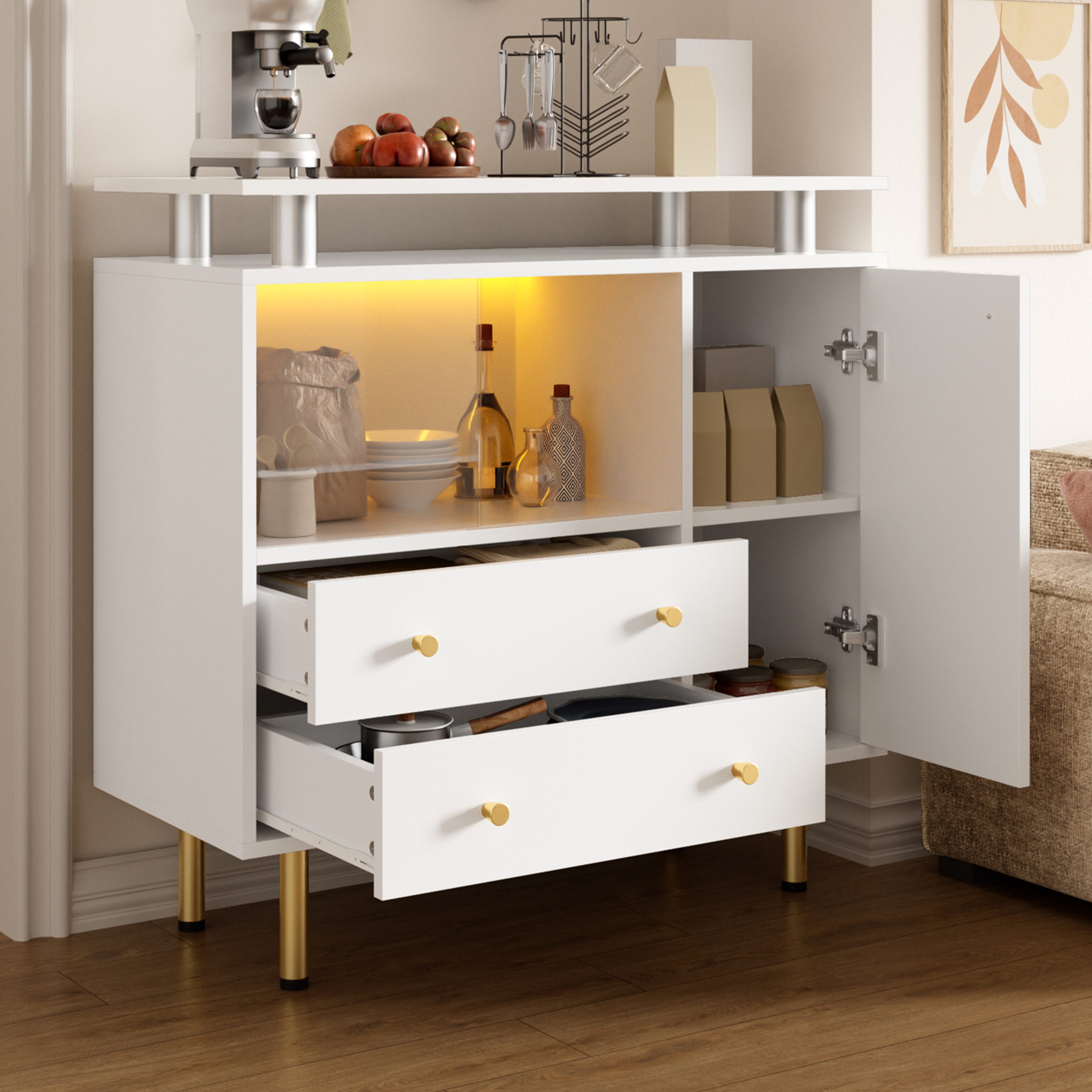 STILVORA Sideboard Aufbewahrungsschrank Vitrine mit 2 Glasschiebetüren und Schubladen (LED-Kommode mit Glasschiebetüren, Metallfüßen und Schubladen, 80×35×80cm, 2 Schubladen, LED-Licht, erhöhte Füße), Für Wohnzimmer, Schlafzimmer und Esszimmer geeignet