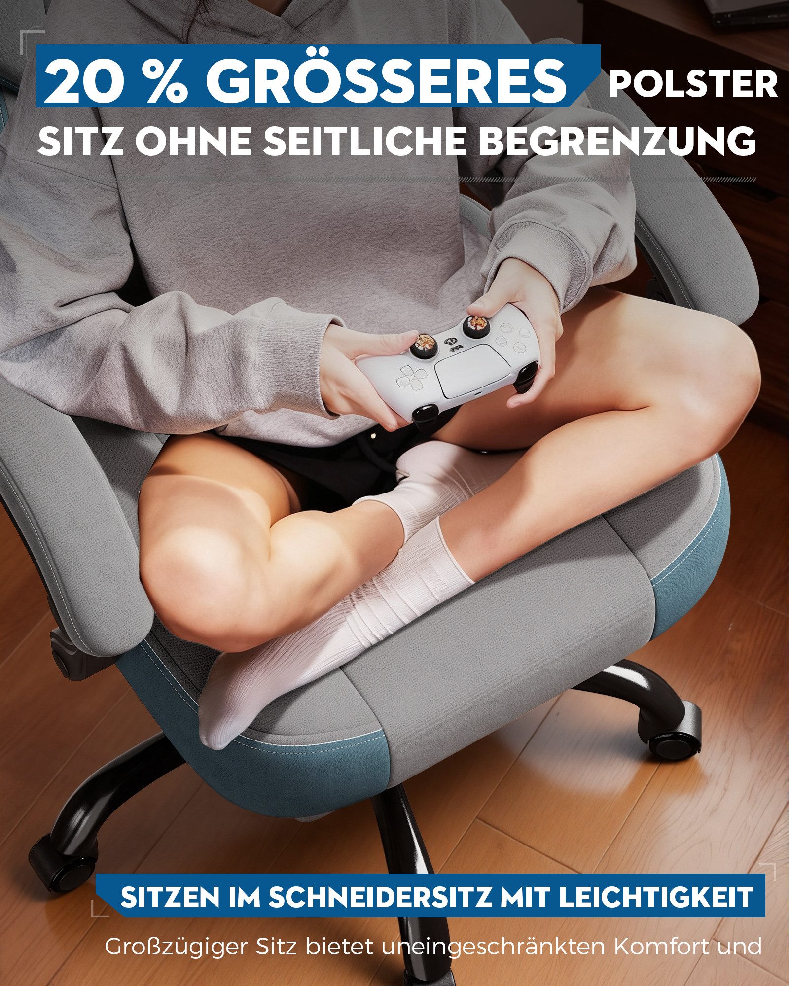 LUCKRACER Gaming-Stuhl Stoff/Kunstleder, Bürostuhl mit verbundenen Armlehnen, Memory-Schaum, 90–155° Neigungswinkel und Fußstütze